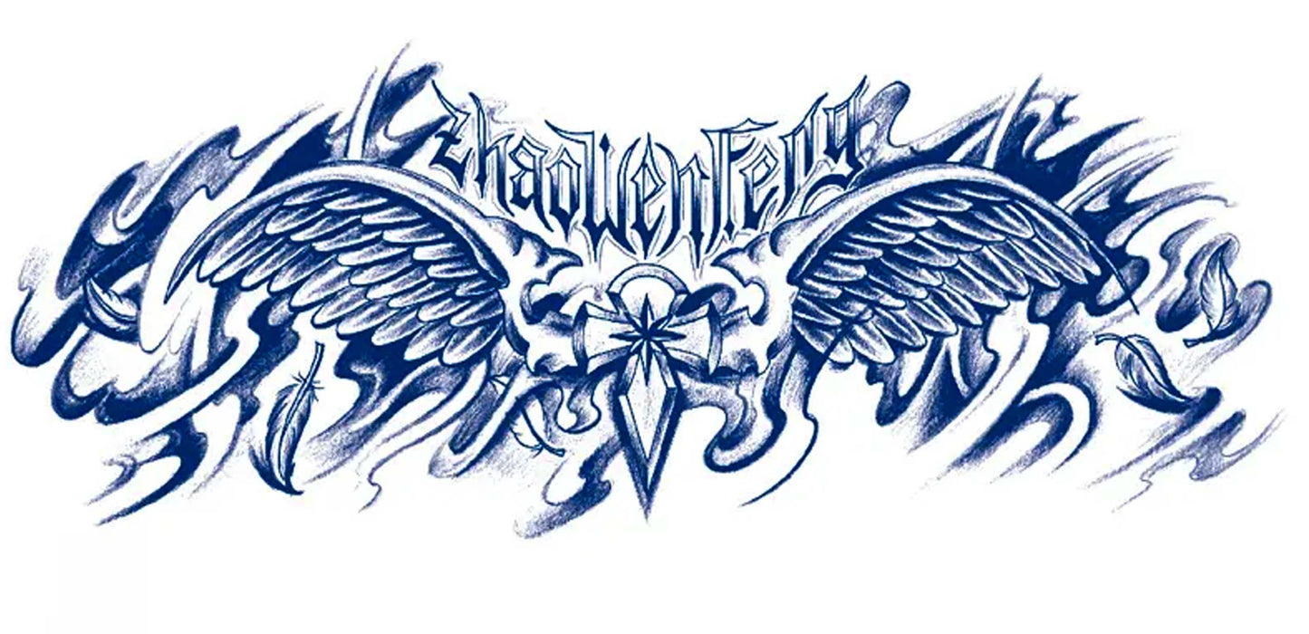 A crusader cross and a NorthStar are in the middle of two metallic-looking wings, Old English text above the wings reads worn wings. Place this above the swimsuit line, on the upper or lower chest, or lower back for the best effects. The trending blue ink shows well on pale to darker skin colors. The estimated wear time is 7-8 days for all genders. Trim text if desired before application.