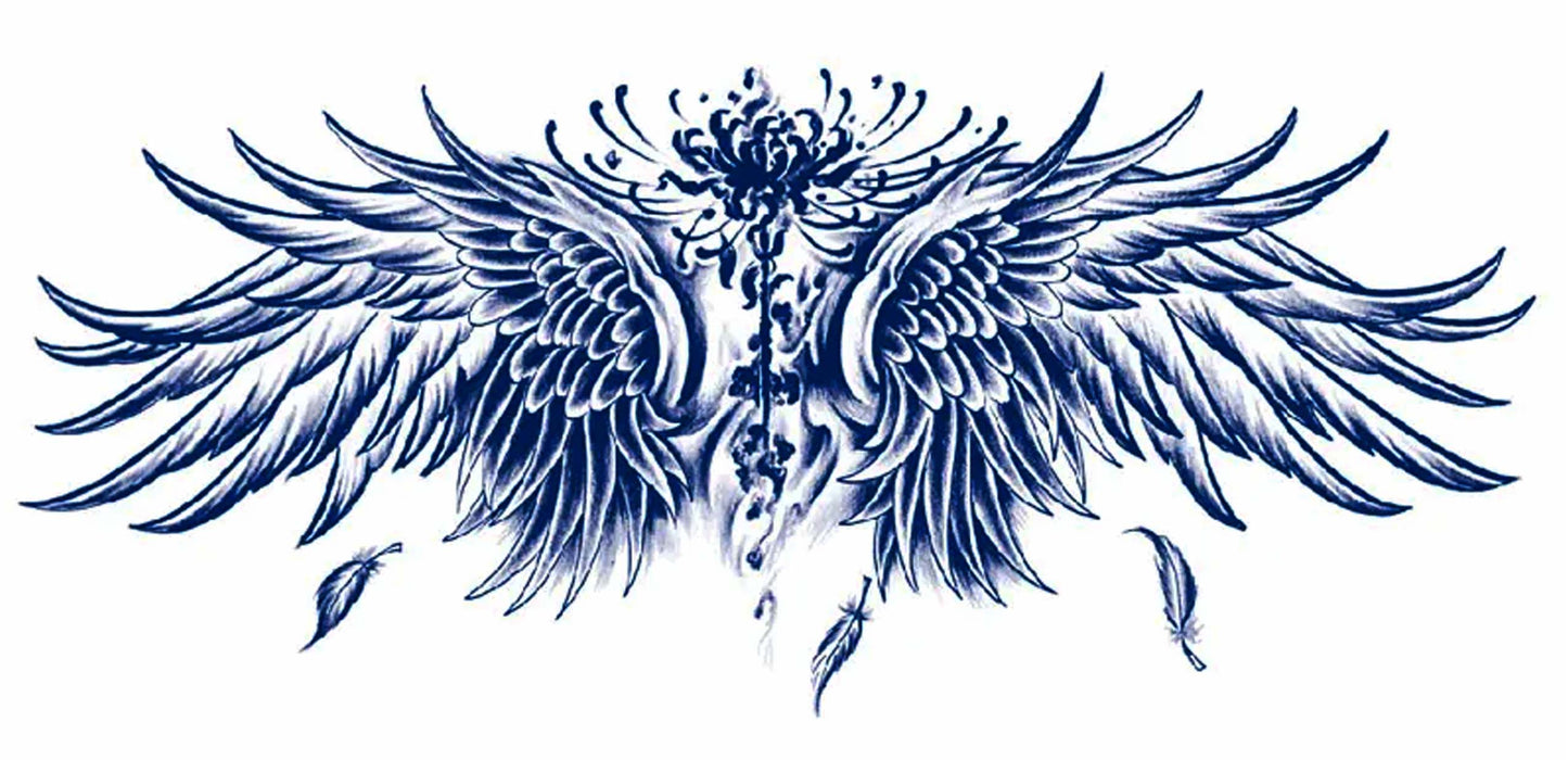 A wild pair of wings supports a spider lily, and feathers trickle down after a long fight of flight. The wings symbolize mischievous freedom and spirituality, well worked, while the lily symbolizes defiance and love. Place this tag above the swimsuit line, on the upper or lower chest, or lower back for the best effects. The trending blue ink shows well on pale to darker skin colors. The estimated wear time is 7-8 days.
