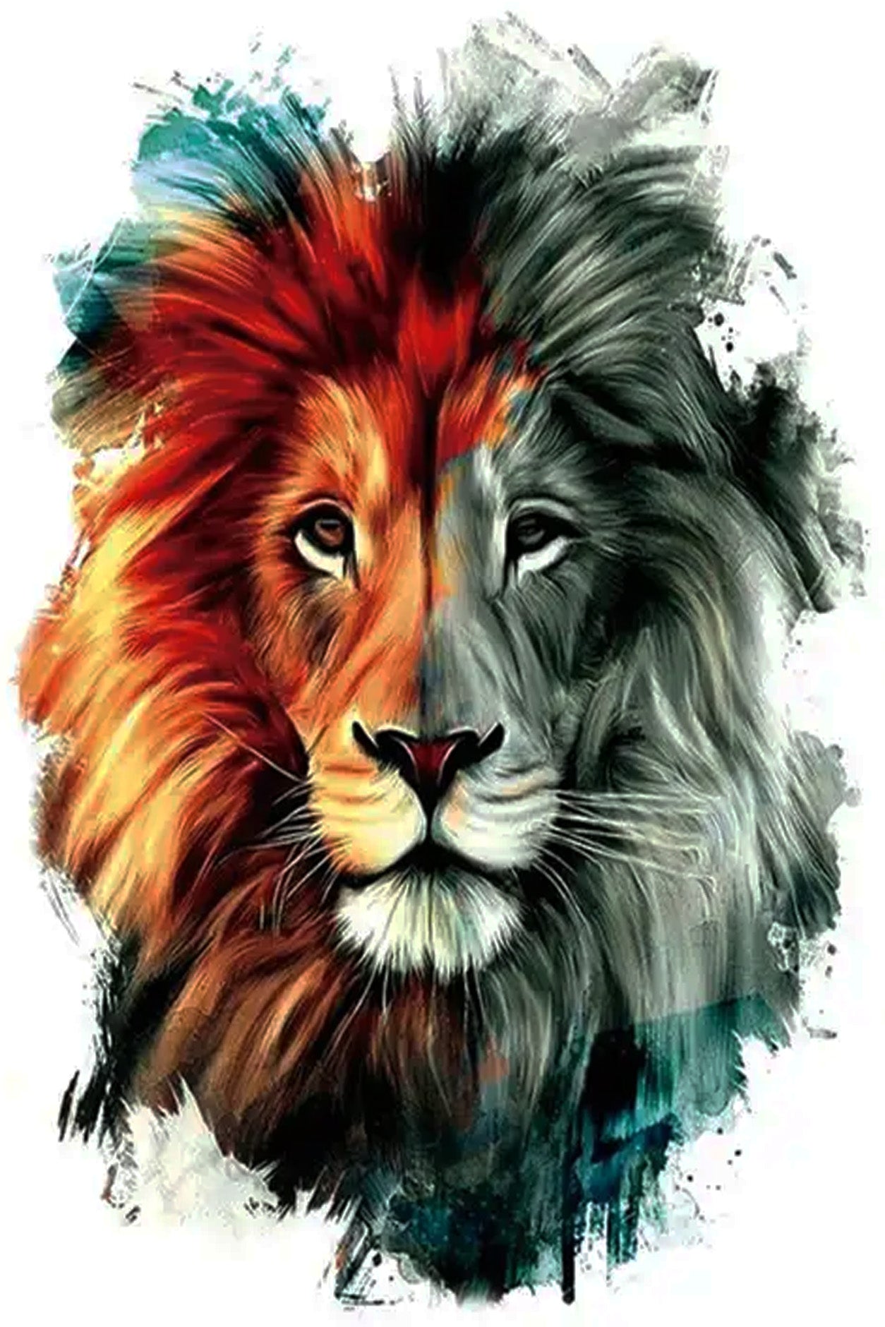 Thought to be a positive omen, lions can be viewed as a good luck symbol. They remind us to manifest strength and be confident in our lives. Lions also tell us to take charge in our lives as they are thought to be an emblem of great strength and authority. This Lion has the sunrise across his face, ready for a joyous day! Creatively wear this artwork on any part of your body, arm, leg, torso, or shoulder.