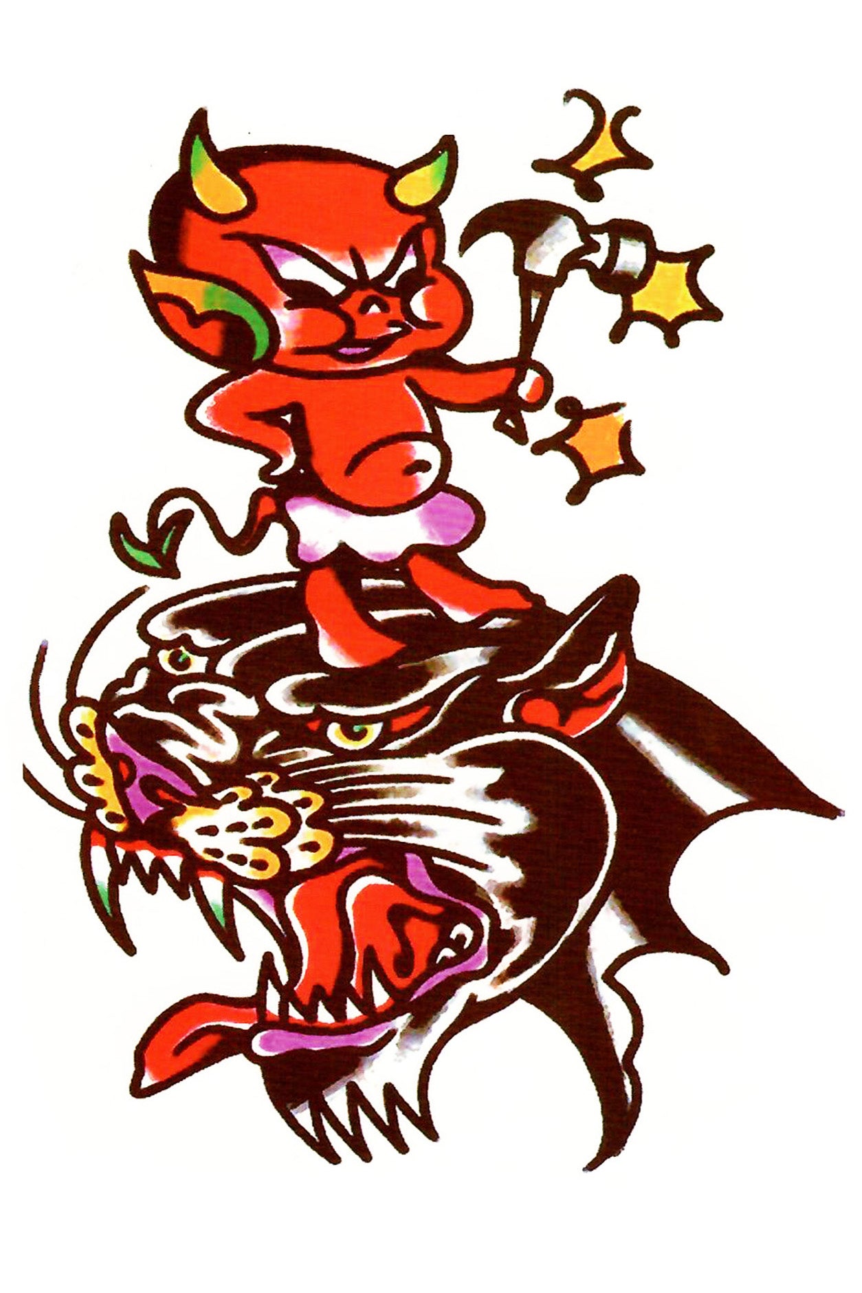 This hot stuff little devil first appeared in 1957 in a comic book before being inked on sailors. He is a red childlike devil in a cloth diaper who causes trouble. In this vintage tattoo replica, he is hammering a panther's head. This art is in traditional vintage tattoo classic colors of gold, green, red, orange, black, and blue. Creatively wear this artwork on any part of your body, arm, leg, torso, or shoulder.