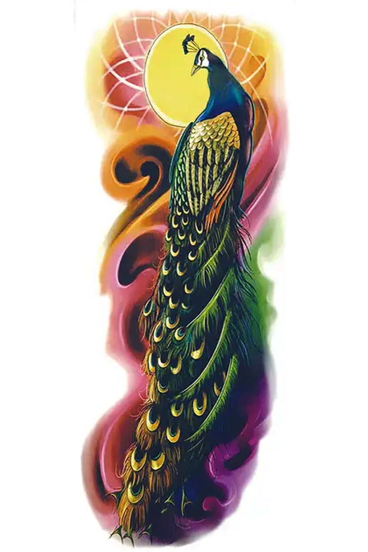 The peacock symbolizes beauty, masculinity, glamour, luxury, protection, pride, versatility, renewal, awareness, and metamorphosis. Only male peacocks often associated with masculine energy feature bright-colored feathers. This male stands proud in front of a bright sun. Creatively wear this artwork on any part of your body, arm, leg, torso, or shoulder.