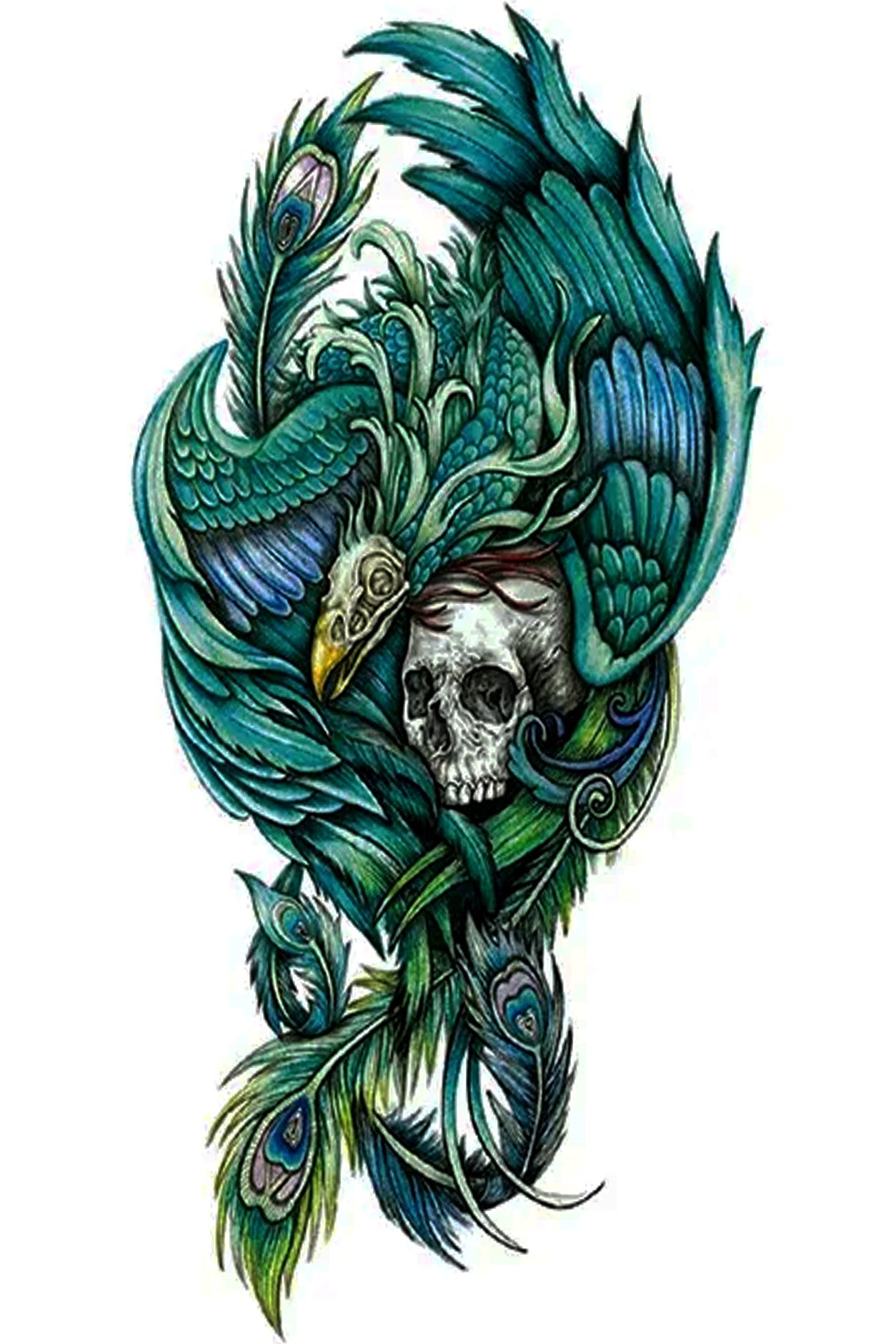 A teal winged dragon protects his treasurers of a skull and peacock feathers. This is a beautiful arrangement of teals and blues in a nestled dragon half arm tattoo. Creatively wear this artwork on any part of your body, arm, leg, torso, or shoulder.