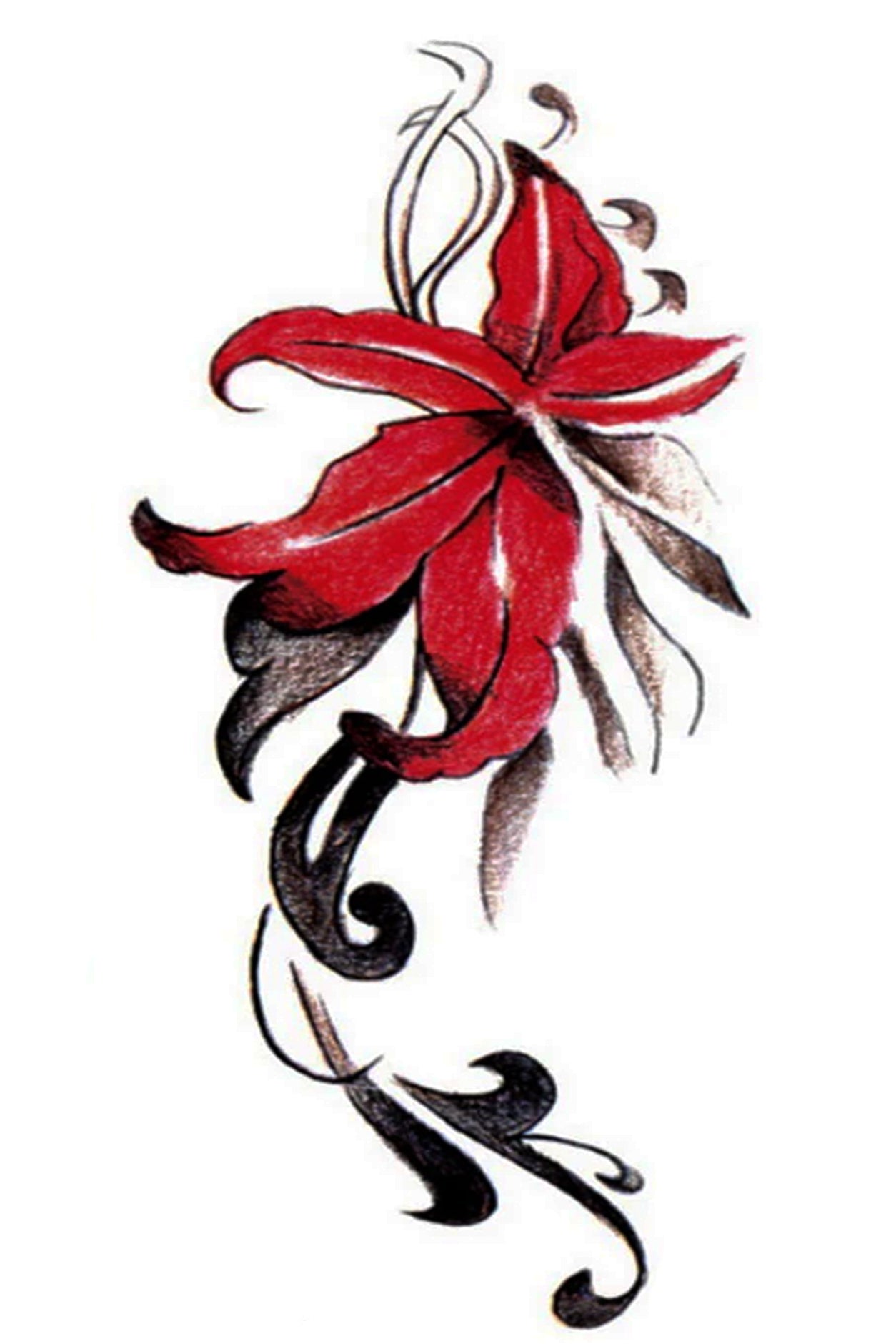 The red-pink lily is artistically drawn as if it is dancing to music. The stem is made of flourishing scrolls, creating a casual air to it. Wear it on the arm, chest, leg, or other body parts for 7-14 days. Red lilies symbolize purity, fertility, and romantic love.  Creatively wear this artwork on any part of your body, arm, leg, torso, or shoulder.