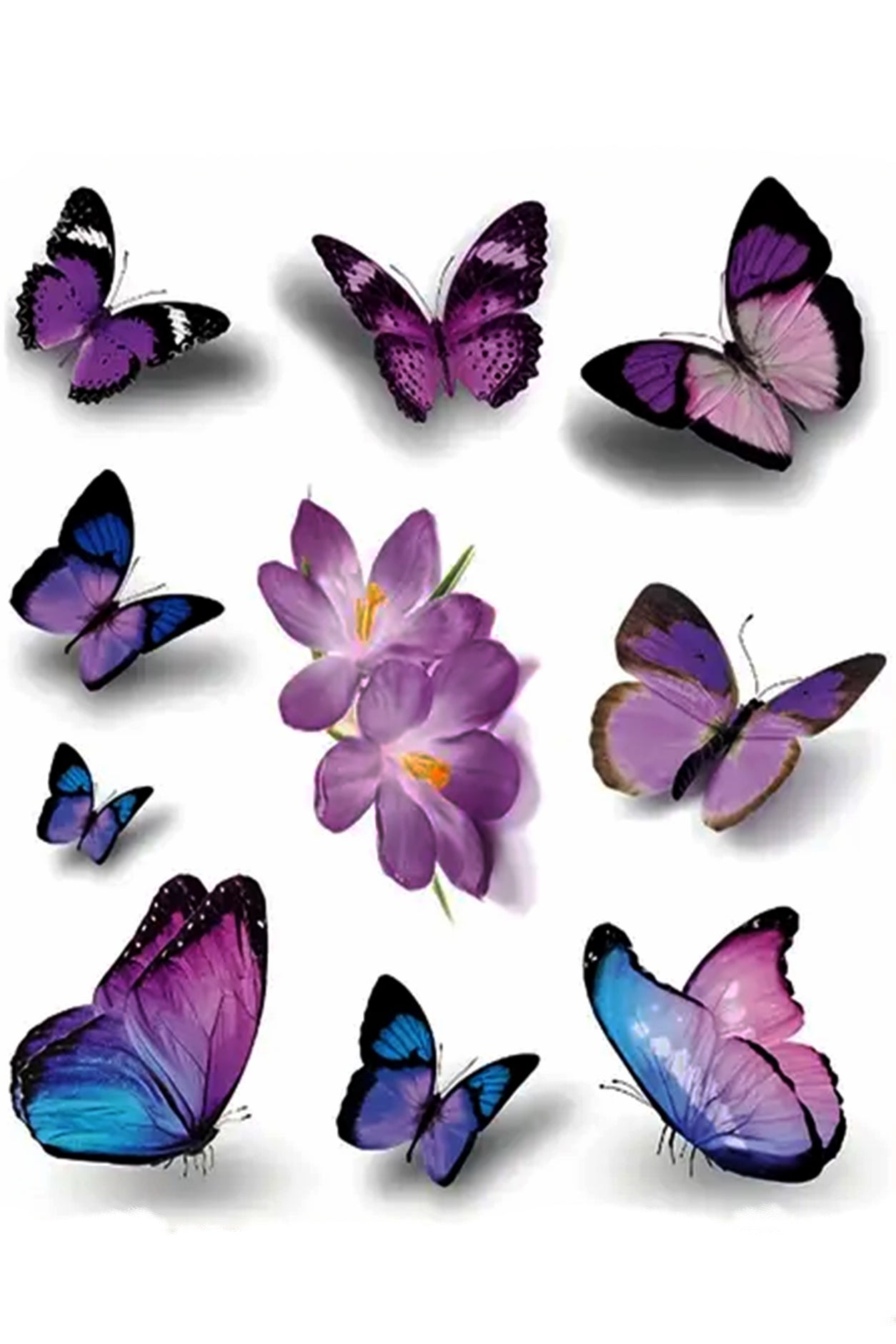 This set includes nine lavender, blue and violet butterflies and one group of pale lavender crocuses. The butterflies are 3D leaving a shadow which creates the appearance of realism. You can almost feel them kissing your skin with their flutter.