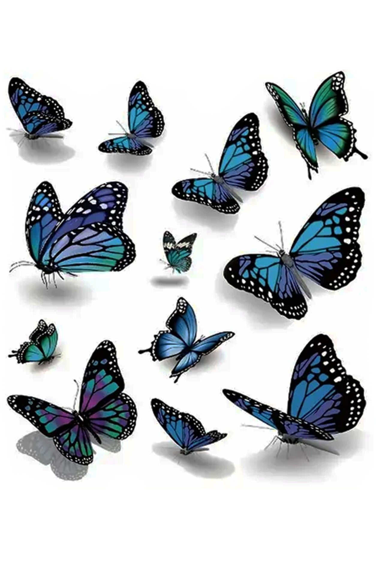 Ten lifelike butterflies that look if they just landed for a moment to rest on your skin. The delicate violet blue hues seem as if they would lift off with a breeze. These divine creatures are symbols for serenity and calmness in many cultures.