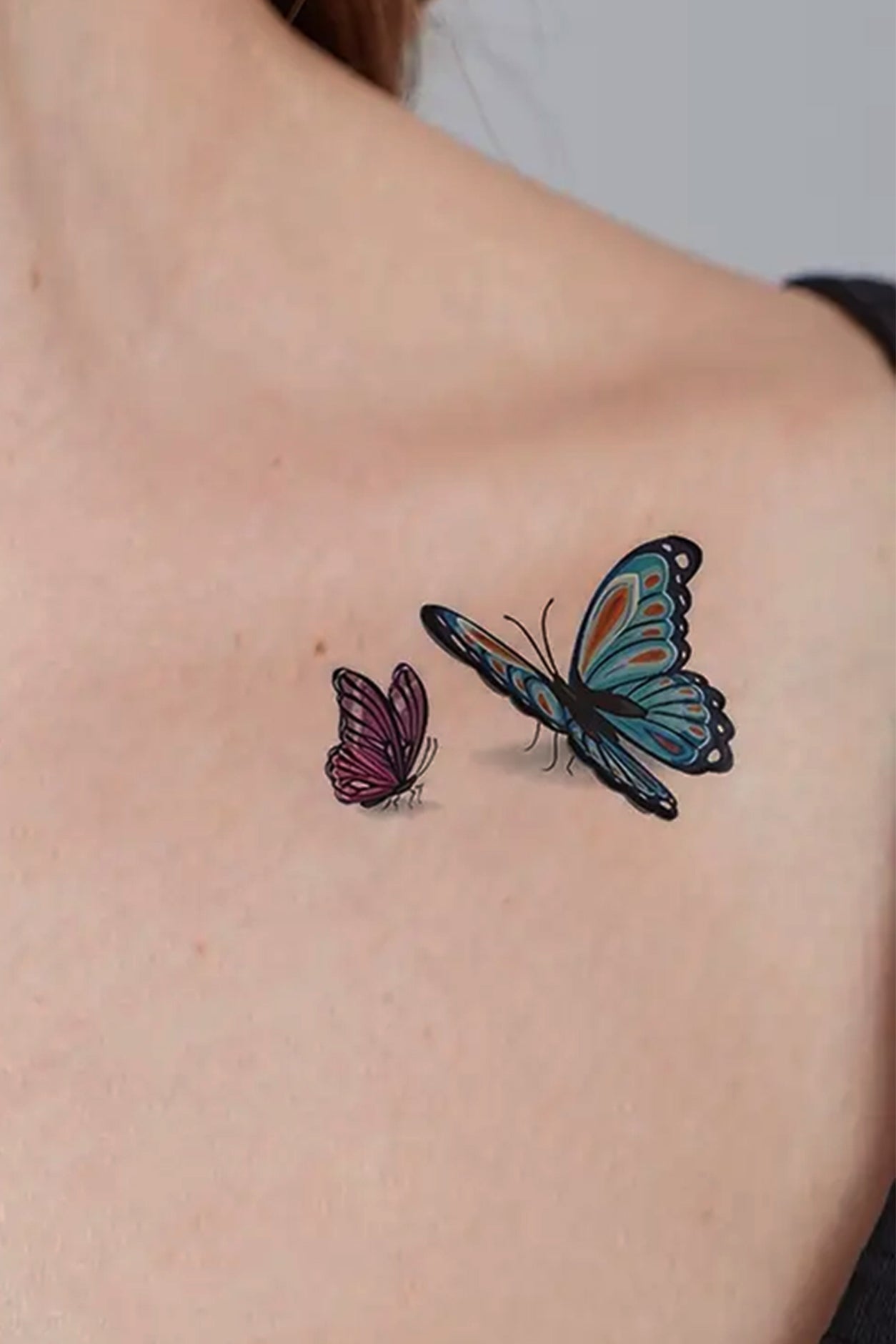 This lady looks like she has two real butterflies on her shoulder. with the shadows under them. This colorful collection looks to kiss the skin it lands on. The package contains 11 butterflies to graze your skin in lifelike sizes and colors.