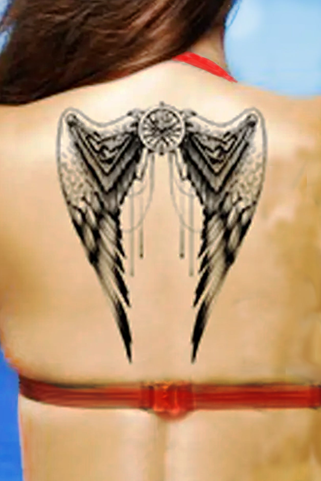 A girl displays steampunk angel wings on her back. The added gears in the wings of this spiritual design give it motion and freedom.