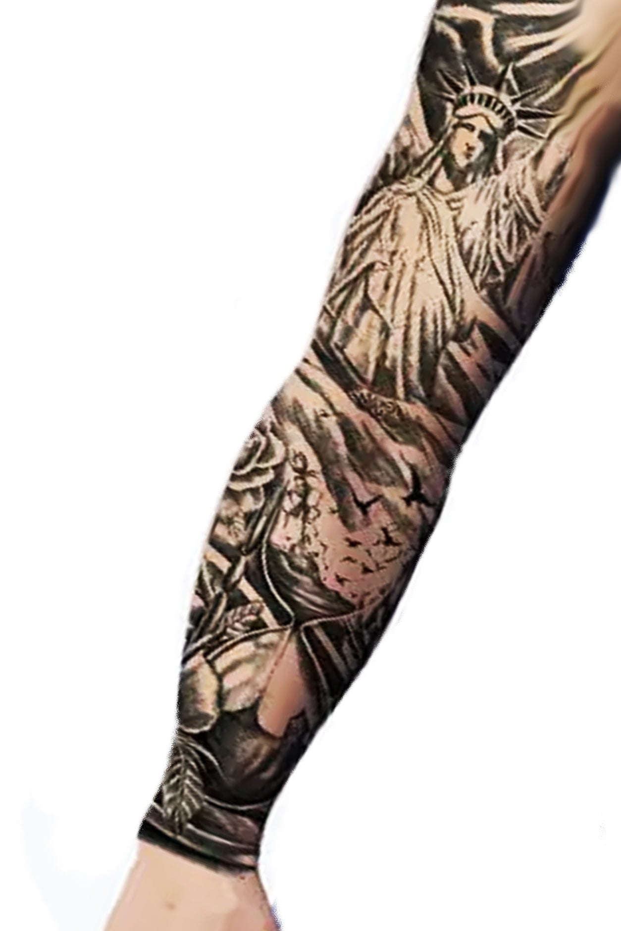 An arm displays the Liberty tattoo. As a national symbol, the image of the Statue of Liberty becomes synonymous with the American ideals of equality, democracy, and freedom. Her crown has seven points that represent rays of light and also the seven seas and continents. Liberty wears wings like an angel. Her light is bright and pointed to heaven.