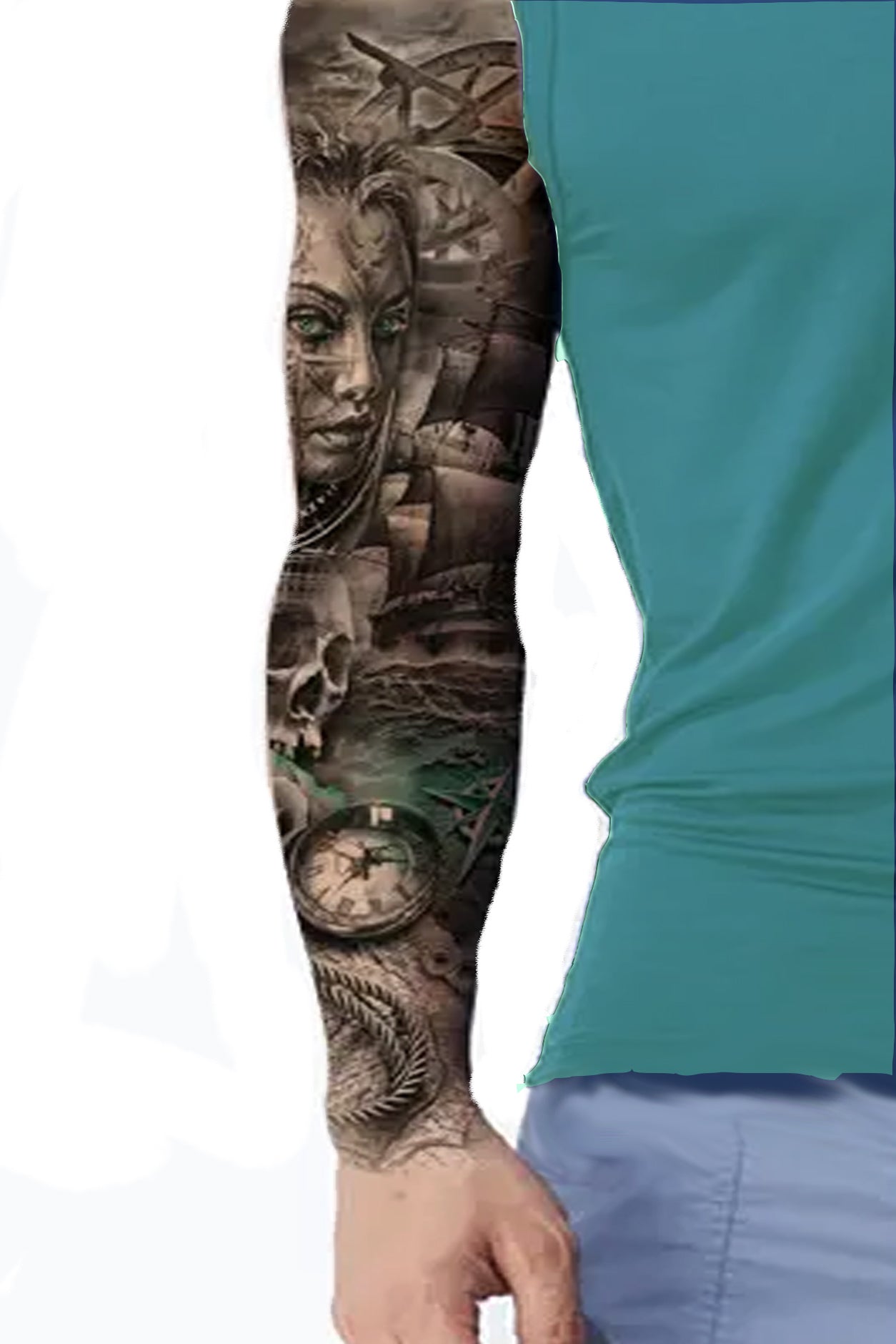 A guy in a teal shirt compliments the teal in the teal shading in the full roses near the topsail pirate ship.