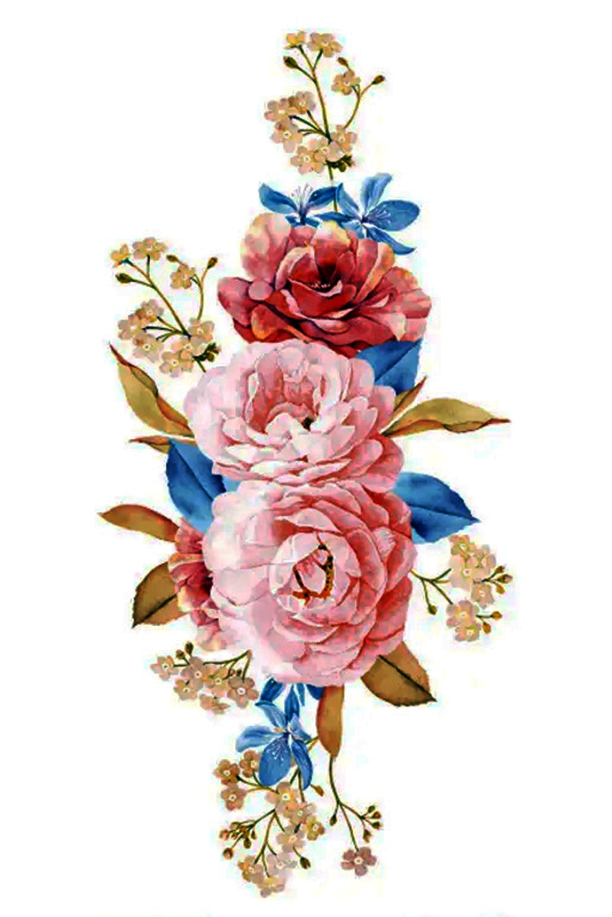 A feminine bouquet of three pastel pink full roses framed by soft baby's breath and pale blue leaves. The tattoo complements any outfit and can be worn for a day or up to 14 days. The bouquet is cheerful, vivid, and uber-trendy. Creatively wear this artwork on any part of your body, arm, leg, torso, or shoulder.