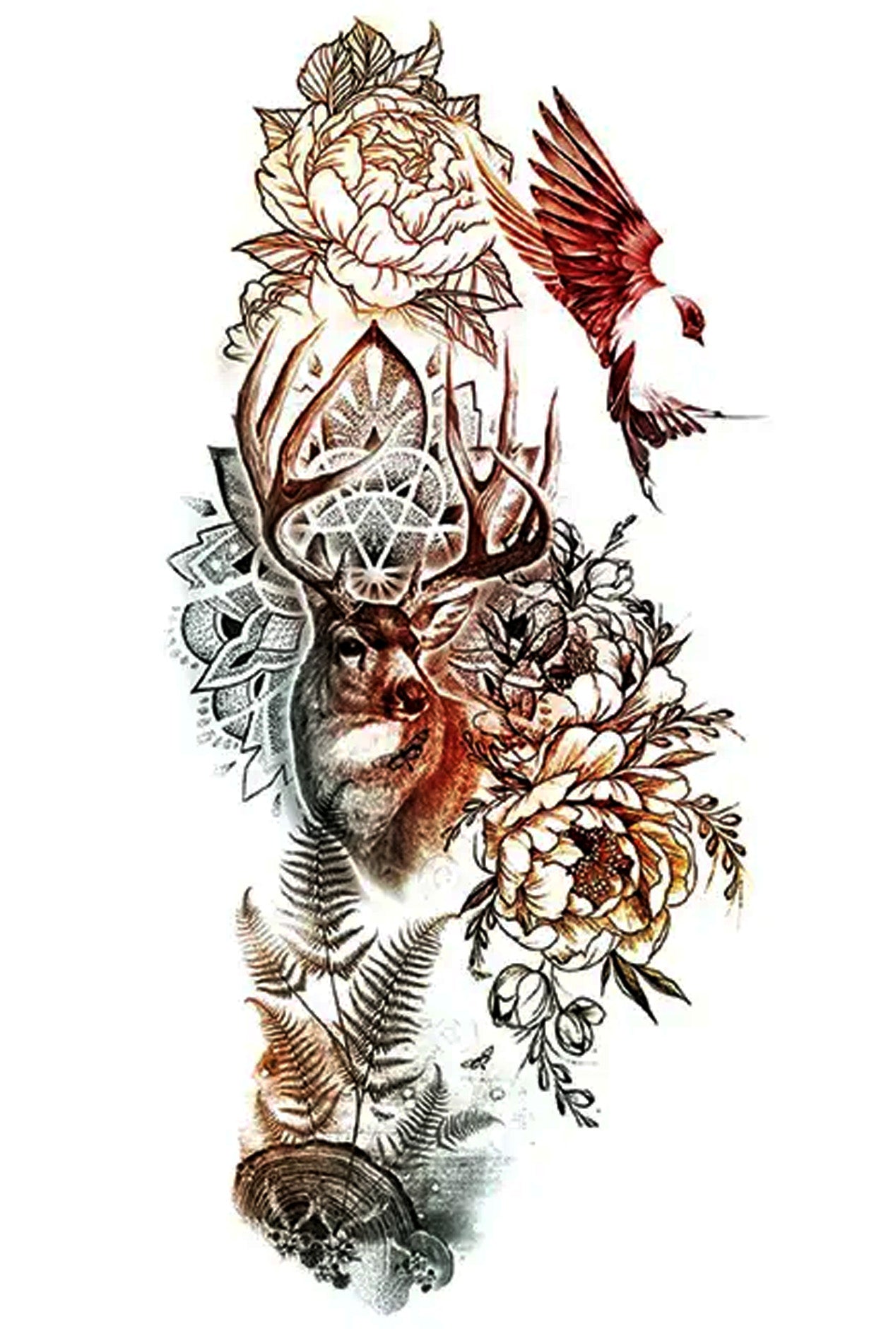 The buck, swallow, and peony flowers form the artwork to represent dignity, power, inner strength, and good fortune. The swallow's migration and re-appearance often coincide with winter's end. The birds usher in a brighter, more colorful season. For that reason, these birds are symbols of good luck or positive change. This Art is presented in muted, woodsy colors of tans, browns, and blacks. A lace medallion, tree log, and leafy ferns unite tattoos together.