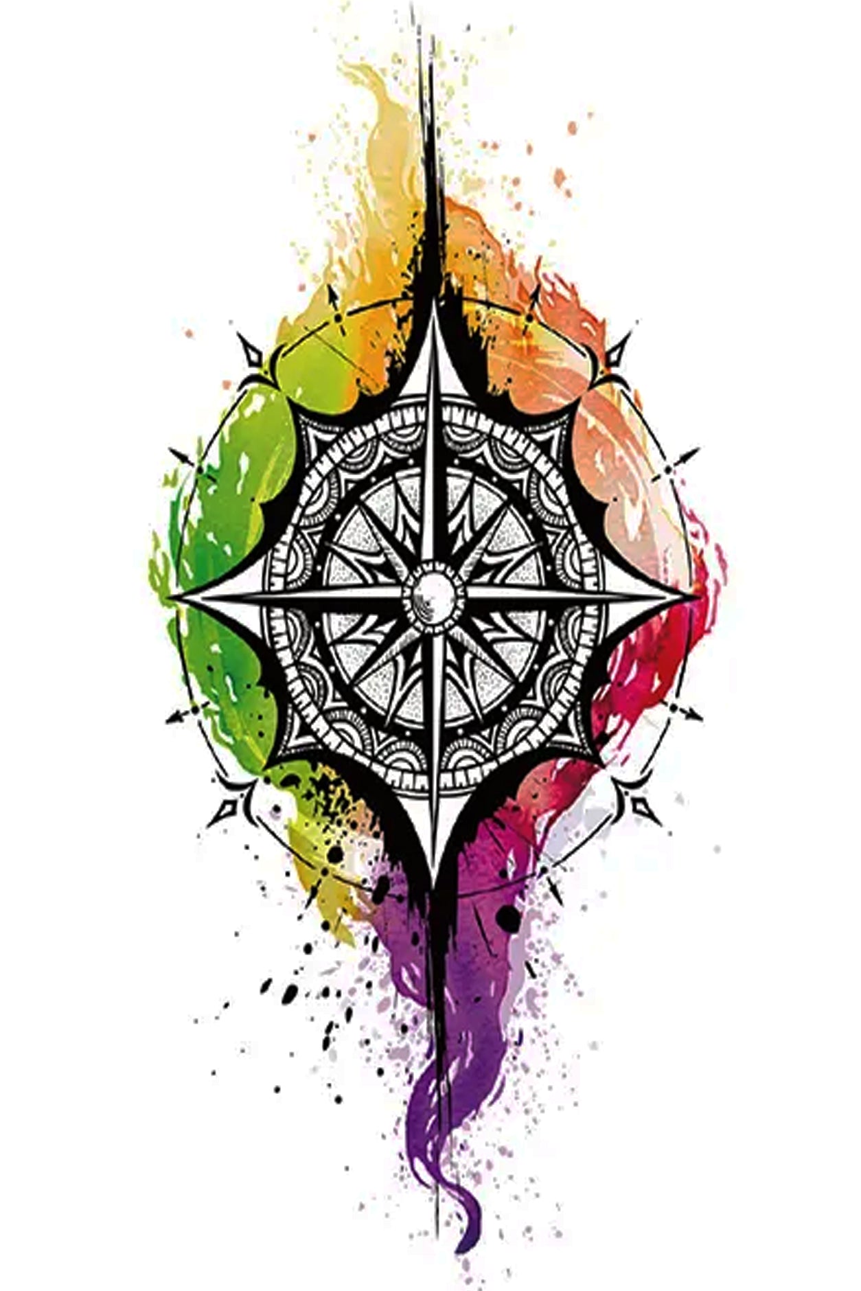 Set your direction right with this nautical star medallion compass surrounded by flowing rainbow waters. Only you know that the road you take is the right road for you! Creatively wear this artwork on any part of your body, arm, leg, torso, or shoulder.
