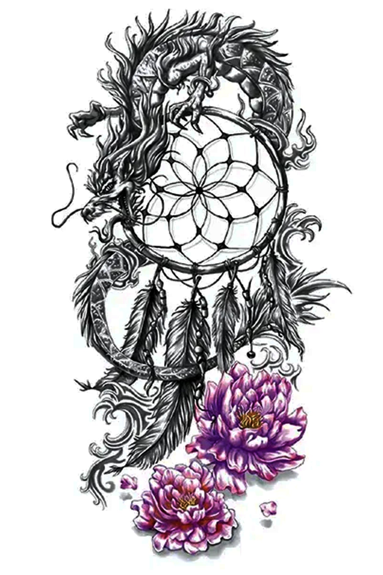 Imagine having a magical dragon guard your dreams. Dreamcatchers filter out all bad dreams and only allow good thoughts into our minds. That's why this dragon hangs close to the Dreamcatcher. Dragons are immensely positive mystical creatures. The only color in this temporary tattoo is the two lavender mums that symbolize care. Creatively wear this artwork on any part of your body, arm, leg, torso, or shoulder.