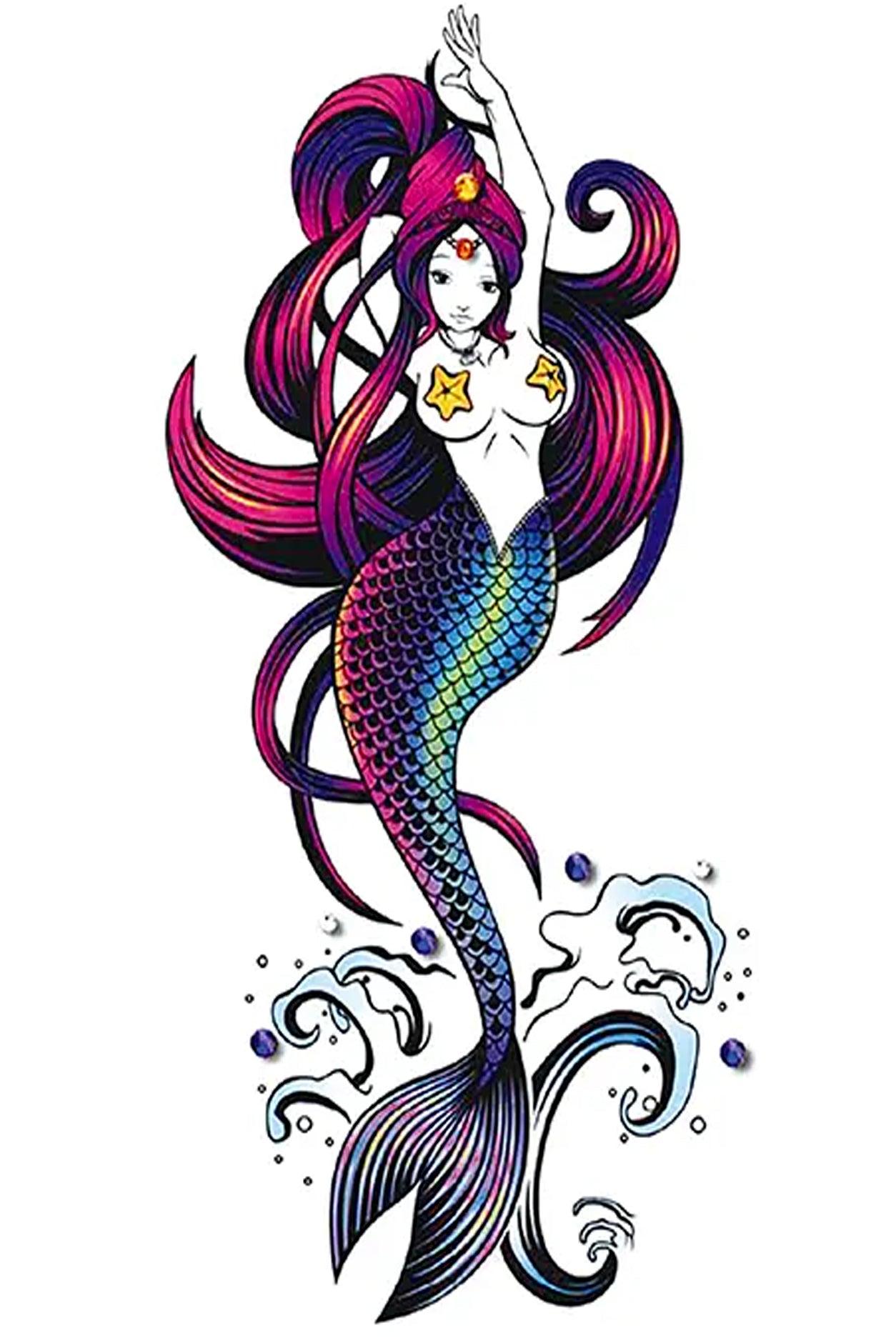 A seductive mystical siren is popping out of the ocean to stretch and wave to the sailors floating by—these crafty tricksters were always ready to target the vulnerable. This mermaid has wavy red hair and a body fit to wear on any arm or leg, whether out sailing or just to enjoy the beauty. Creatively wear this artwork on any part of your body, arm, leg, torso, or shoulder.