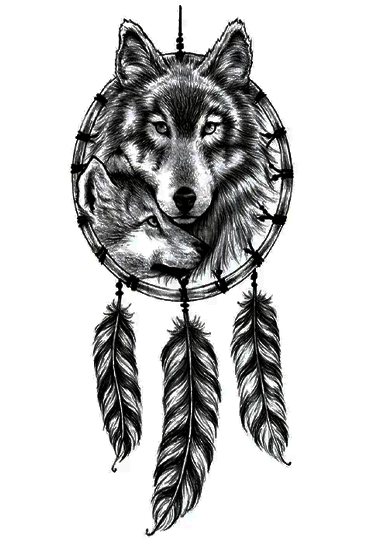 This female wolf is a symbol of guardianship, ritual, loyalty, and spirit; she is guarding her pup against bad dreams as the Native Americans did by hanging these creations above the cradles or beds of their young children to protect them from bad dreams and night. The three feathers are so good dreams fall upon the sleeping. Creatively wear this artwork on any part of your body, arm, leg, torso, or shoulder.
