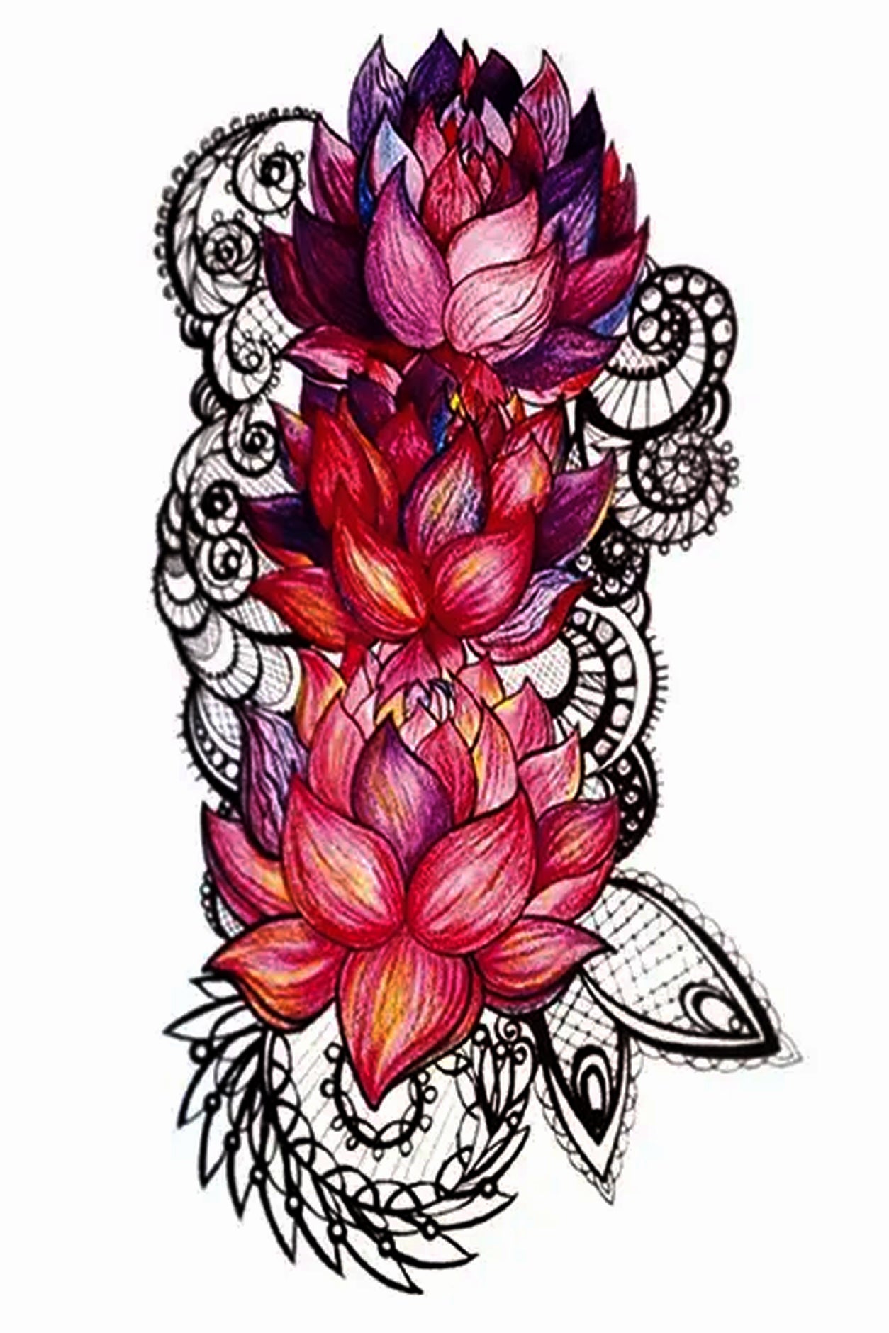 Lotus flowers represent power, tenacity, and rebirth because they emerge from the dark water each evening and bloom at dawn. They are intense flowers yet beautiful and delicate at the same time. The nesting of delicate circling of lace under the flowers combines the long life of this powerful organization of strength and beauty. Creatively wear this artwork on any part of your body, arm, leg, torso, or shoulder.
