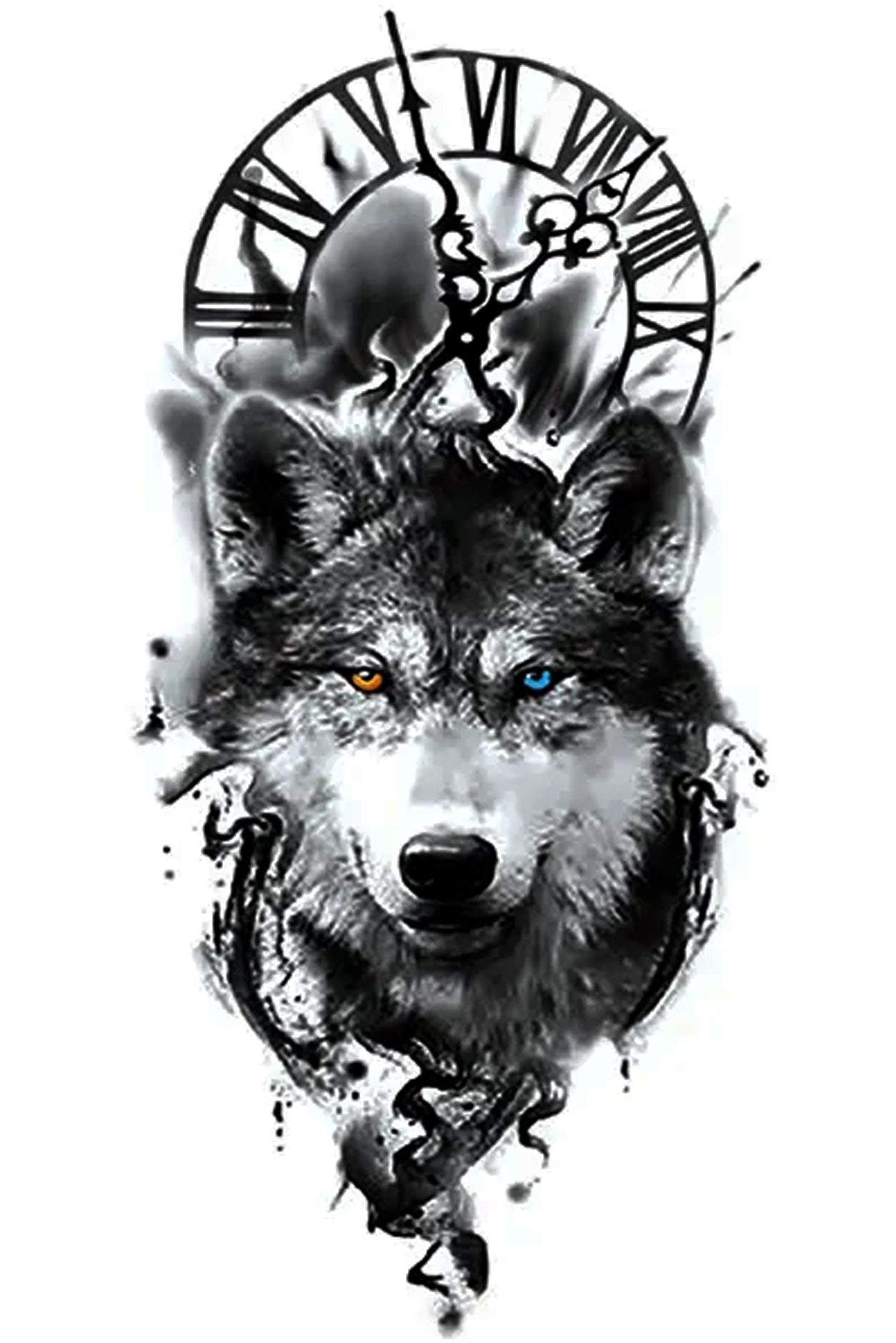 Wolf is a symbol of guardianship, ritual, loyalty, and spirit, and the clock demonstrates respect for time and precision. The wolf has the ability to make quick and firm emotional attachments and often needs to trust their instincts. Thus, they teach us to do the same, to trust our hearts and minds, and have control over our own lives. Creatively wear this artwork on any part of your body, arm, leg, torso, or shoulder.