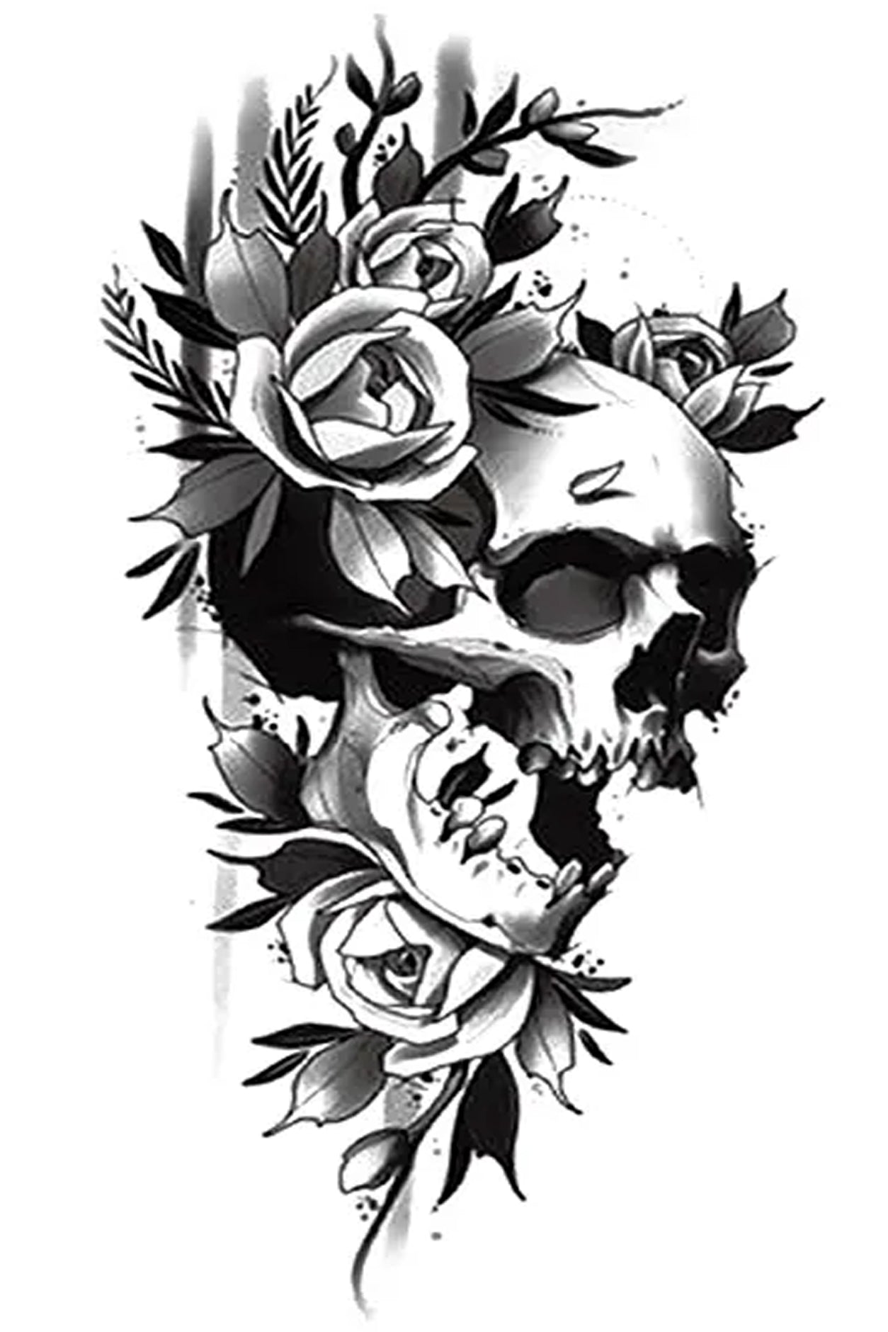This skull seems to laugh at the living—the duality of beauty and vitality of life and death to the end. The full roses surrounding the skull add love, beauty, and zest for life that he has no more but is grateful to have had. Creatively wear this artwork on any part of your body, arm, leg, torso, or shoulder.