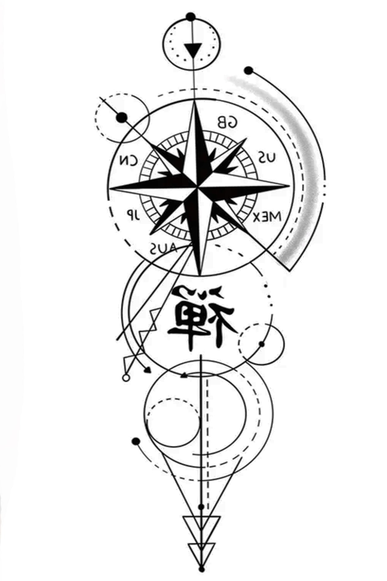 Geometry meets the compass rose. Always find your way home with this handsome tattoo. Arrows point to right directions. Suitable for all traveling genders.