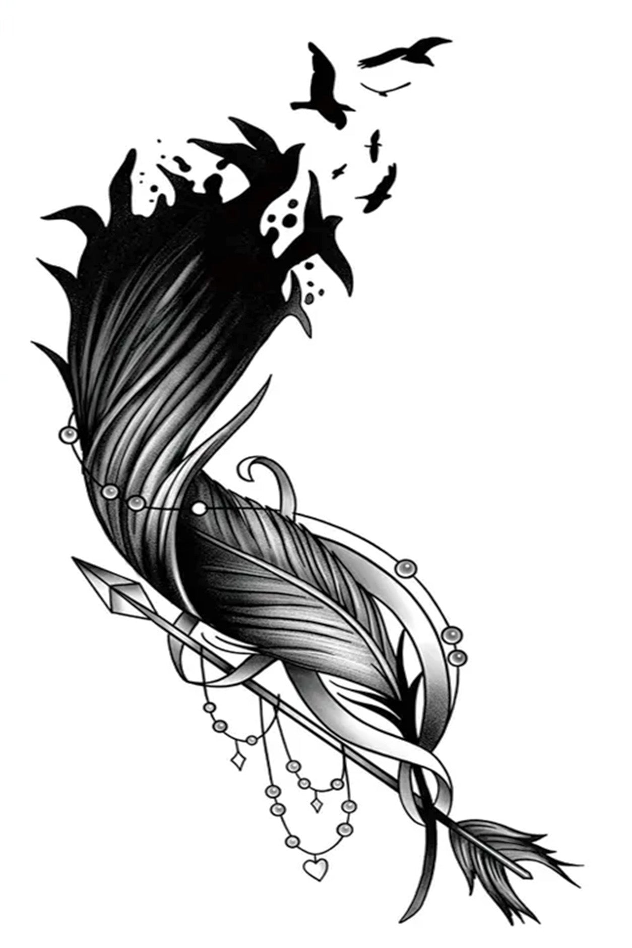 “Birds of a feather flock together, And so will pigs and swine; Rats and mice will have their choice, And so will I have mine.” A beautiful rhyme that matches this feather tattoo as birds break into flight at the tip. Strands of beads hang from an arrow, and the fletching also supports feathers proving stability and accuracy. The entire image is tied together with a soft flowing ribbon.