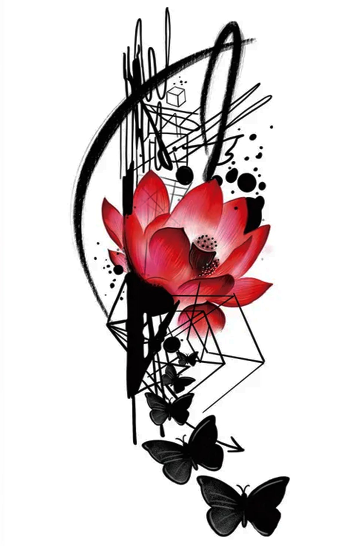An attractive passion pink flower is surrounded by gentle geometric lines that add movement. Butterflies are flying into to this delightful artwork. This is a long-lasting temporary tattoo lasting 10 days on the right body part.