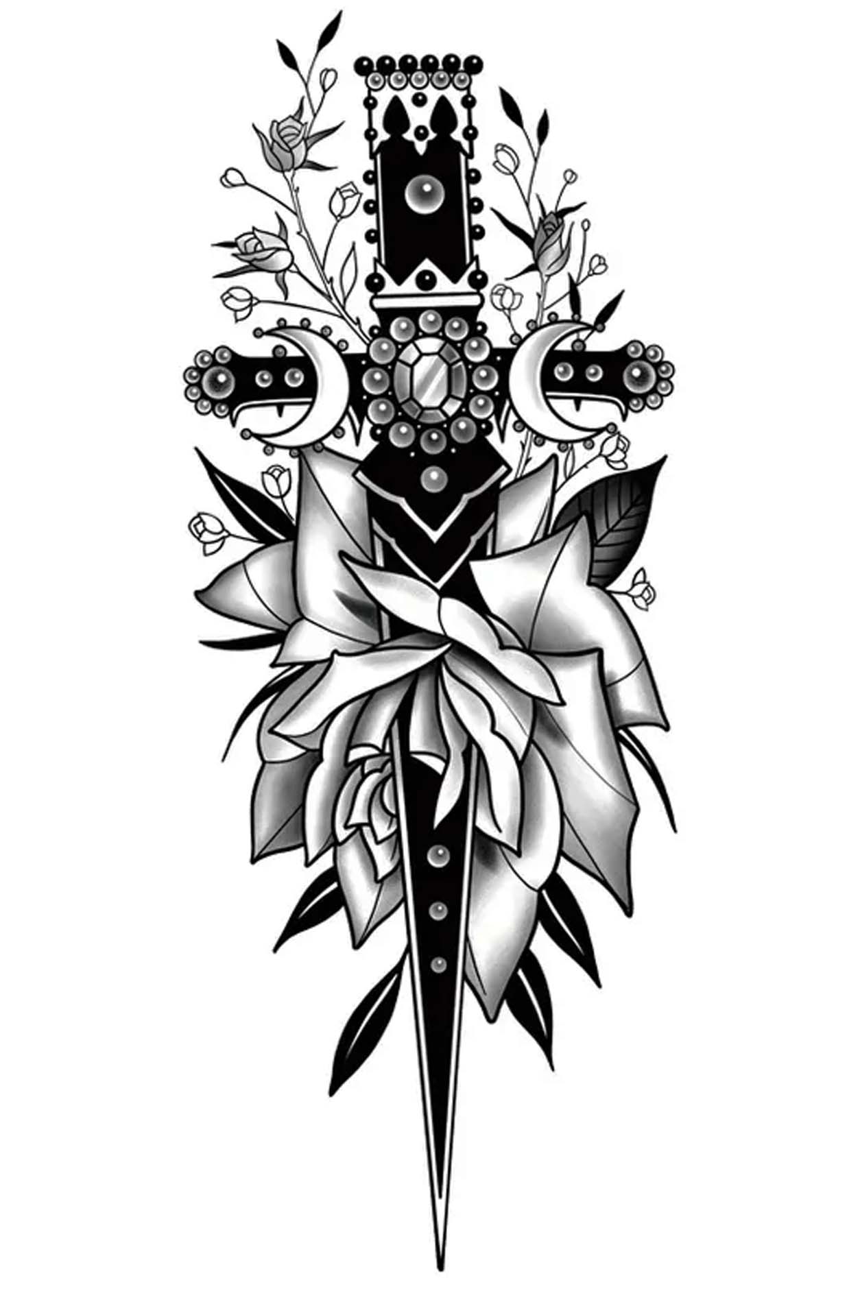 A bejeweled dagger represents sacrifice at the highest level but contrasts with a natural rose; it symbolizes the duality of love and life. The full rose signifies good times, happiness, energy, and beauty. This design can be traced back to early Christianity artwork, and the symbol has traditionally been called the “Immaculate or Sacred Heart of Mary.” A dagger pointed down demonstrates trust and femininity while the two crescent moons stand for fertility.