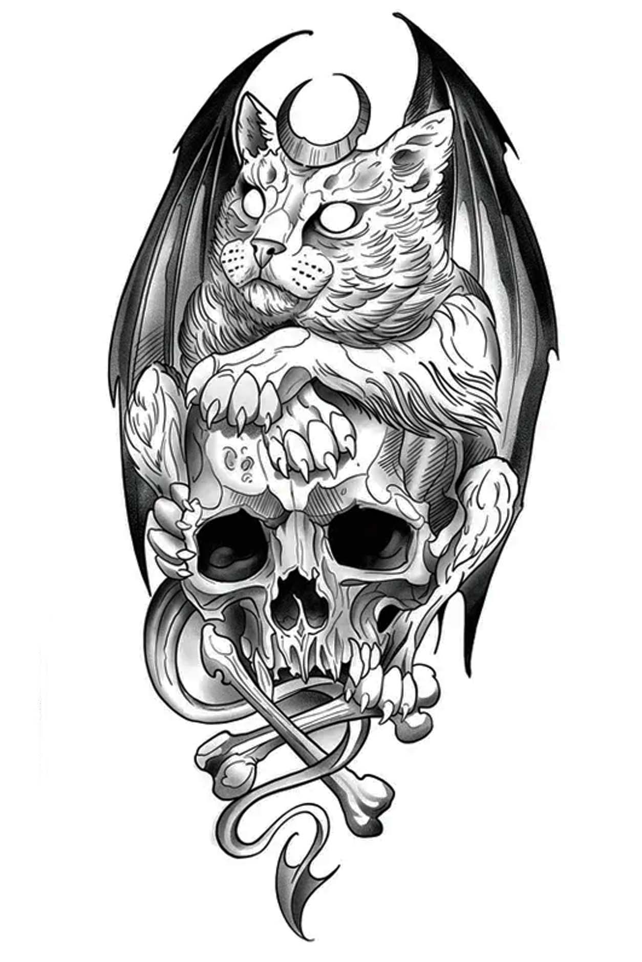 Do dragons purr? This tattoo surely does. The dragon cat sits proudly over a human skull and crossed bones. This mystical cat is done with the hunt and has its dragon wings sheltering him and his dragon tail swaying.