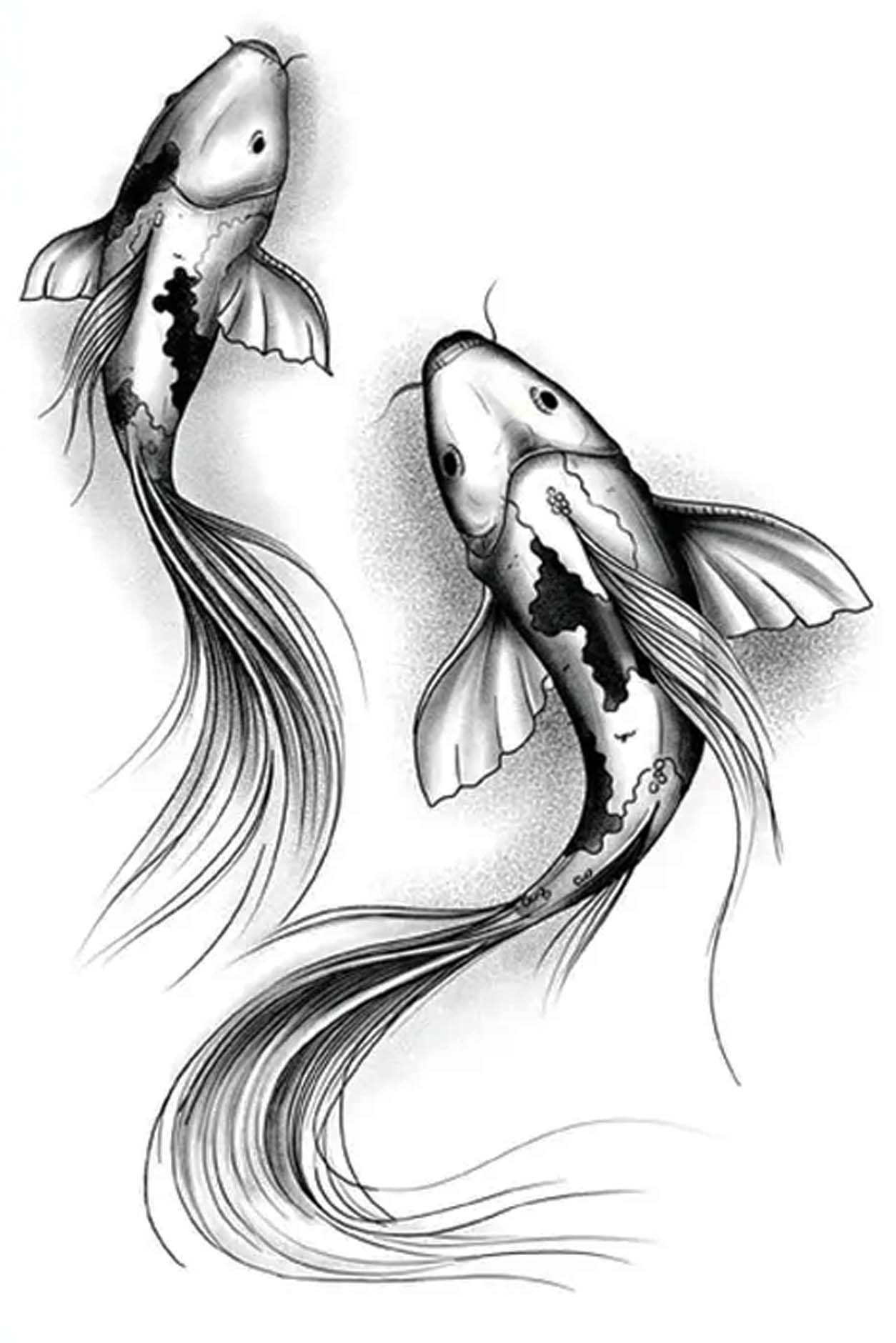 The duality of life and the balance of opposing life forces is represented in the two koi fish swimming. These two very happy koi swim together with a delicate completeness. They have s shapes and very long tails.