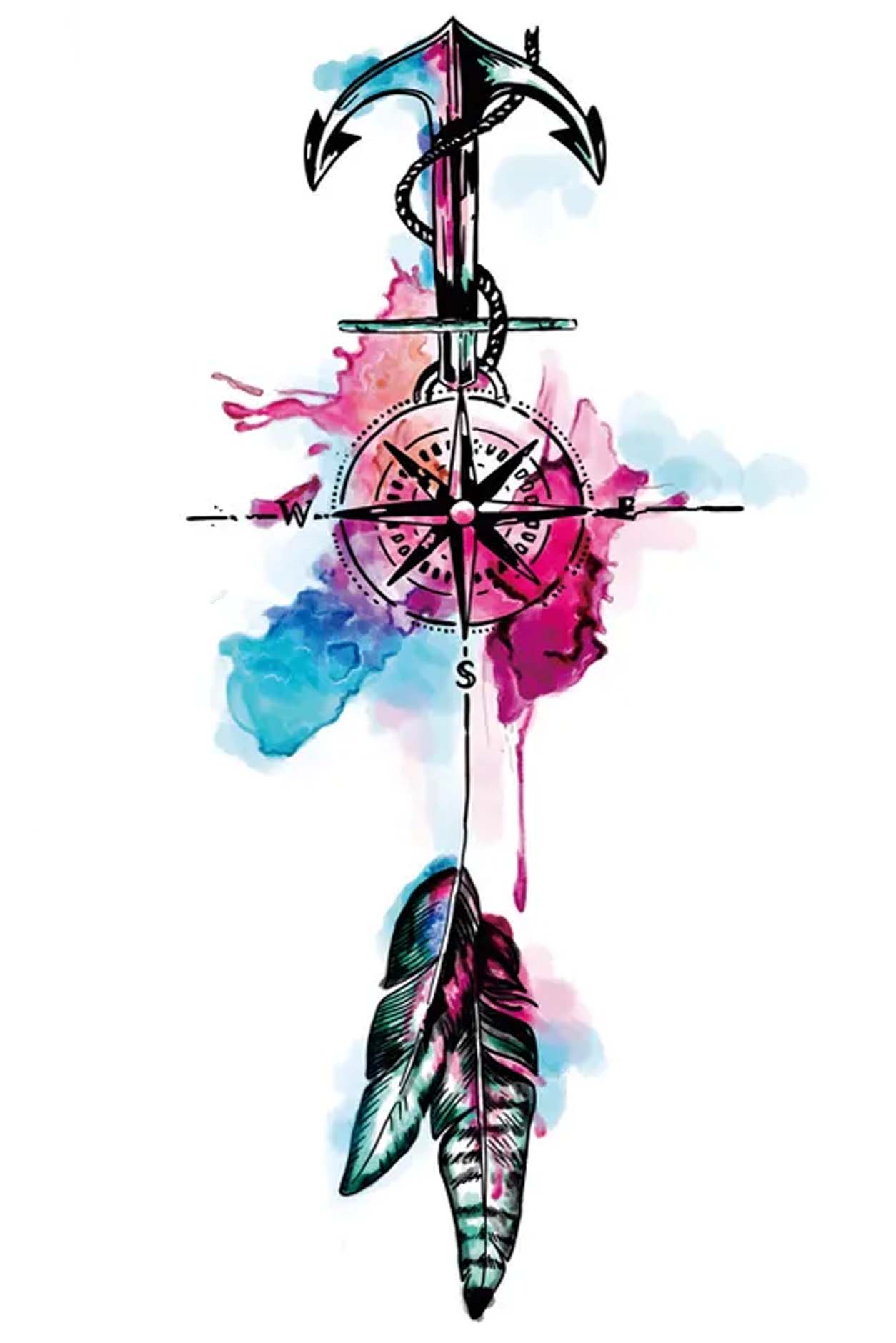 This tattoo is a classic nautical combination of an anchor, compass, and feather. Traditionally, anchors and compasses symbolized home, safety, and hope and were often tattooed on sailors after inaugural crossing the ocean. The feather represents that land was near at first sight of a bird. The colors represent calm sunsets in pink, blue, and green hues. Image is asymettrical in shape.