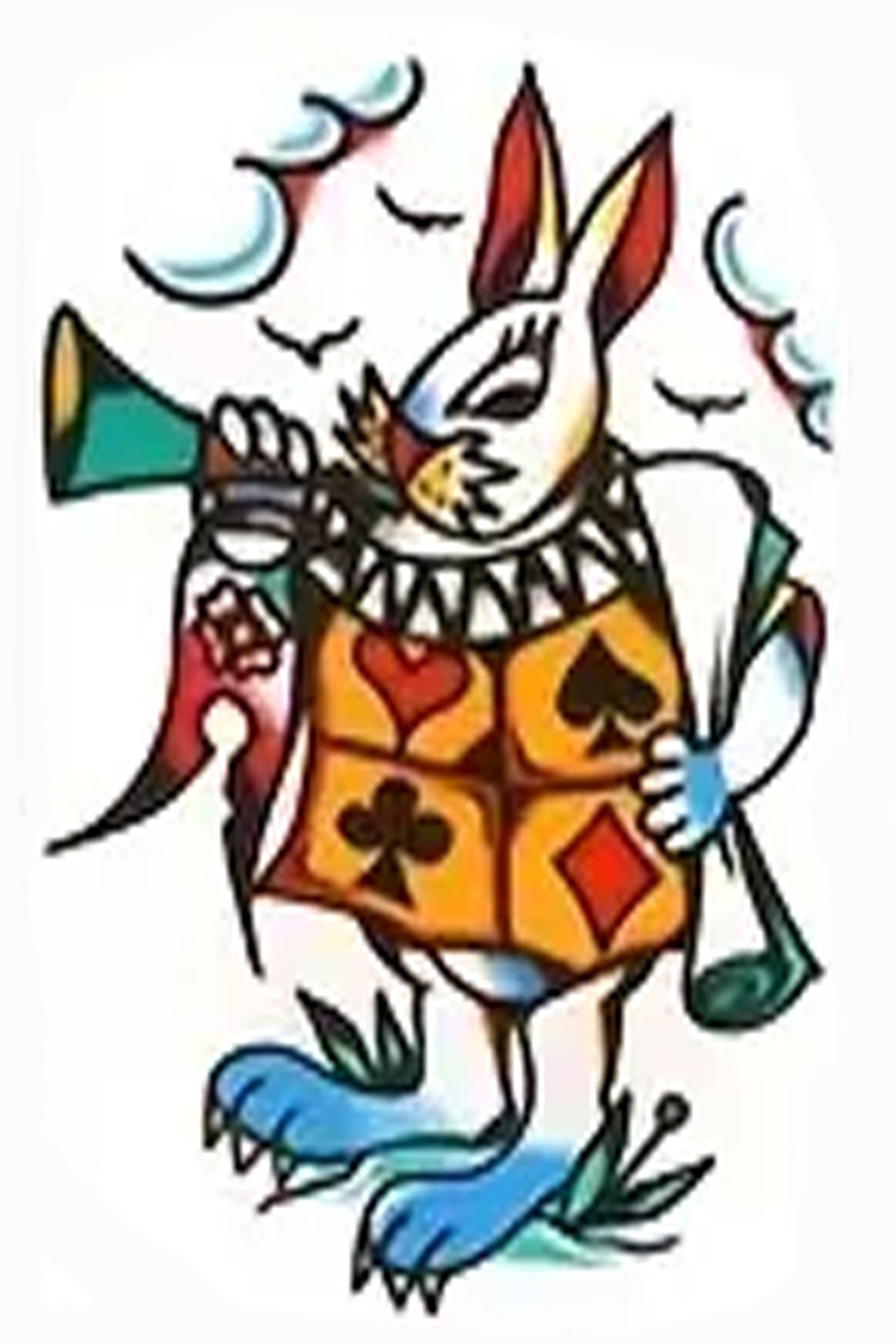 The white rabbit is curious and strange character from the Alice in Wonderland Tale from 1865's. He is a symbol for the quest of knowledge and a popular tattoo in the late 1950s. This tat is done in traditional ink colors of gold, red, green, black and blue. A perfect nod to the Lyle Tuttle and Sailor Jerry.