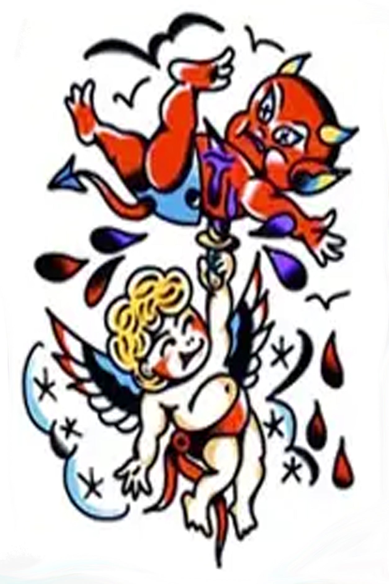 Vintage tattoo like a sailor would have worn in the 1950s. This has gold, green, red, and blue colors with a little devil is being daggered by an angel. Drips of blood and birds fly around the image.