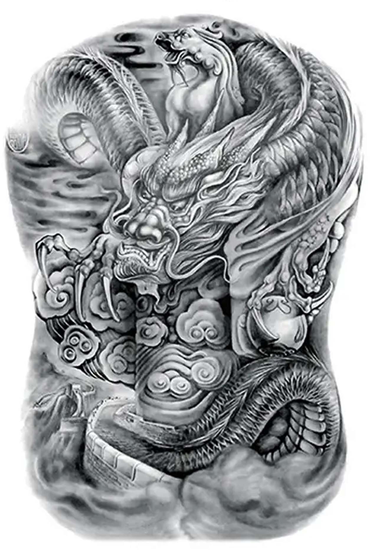 The story of the dragon's pearl is one of the oldest and most well-known tales in Chinese folklore. A story of goodness and woe. This dragon is playing with his pearl over The Great Wall of China, which looks like a giant dragon lying across the mountains and desert. A baby dragon is also in the artwork that he is protecting or amusing.