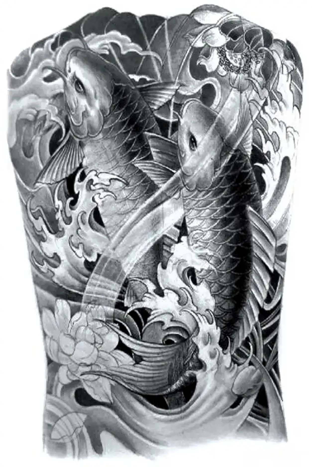Two koi fish swims free in magical waves and lotus flowers. The color of the large back tattoo is aqua grey with lots of movement. Lotus, koi, and water establish their growth that comes out of challenging circumstances and further represent pain, struggle, and the rise to beauty.
