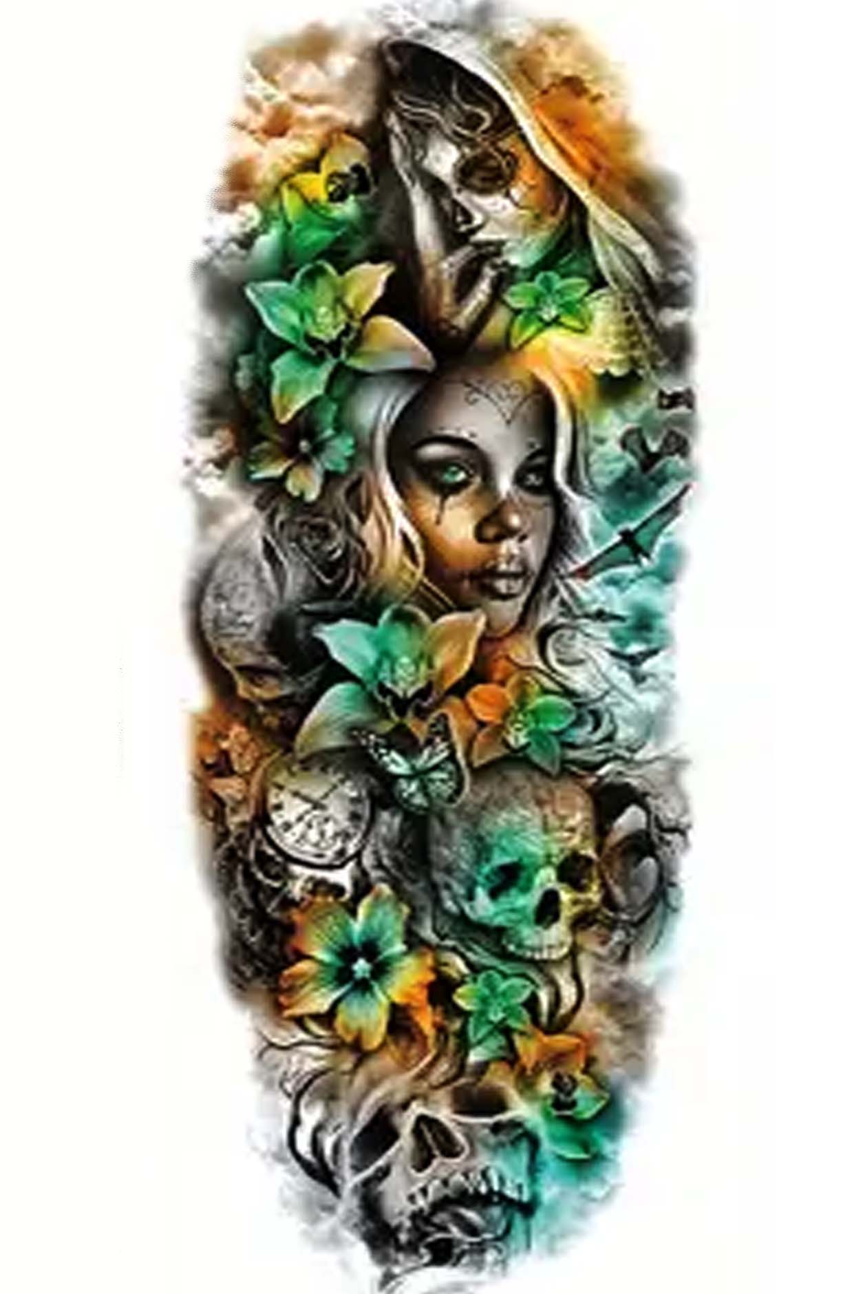 Skulls, clocks, and beautiful faces dressed for Mardi Gras Day of Dead masks. This full arm or leg sleeve celebrates the beauty of life with orchids, and the skulls and clocks remind us of ticking time. The entire artwork is trimmed with heavenly clouds. Other features in this sleeve are bats, winding vines, and butterflies. The many orchids represent exotic love, endurance, beauty, and strength. This tat in shades of greens, blues, and oranges will cover from shoulder to wrist or ankle to knee.