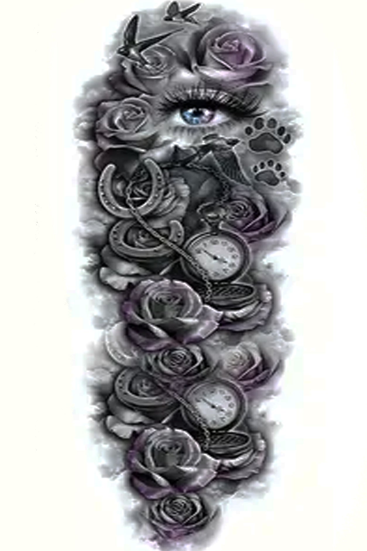 This watchful eye tells a story of life, love, endurance, and how precious time is to it. A bear paw print symbolizes energy, strength, and healing. The full roses represent love and devotion. The abundant swallows have been considered sacred because they were thought to have flown around the cross of Calvary. The horseshoes represent luck and endurance, while the watches are forever ticking away. This full-sleeve Tat starts at the shoulder with a rose and ends at the wrist with a rose.