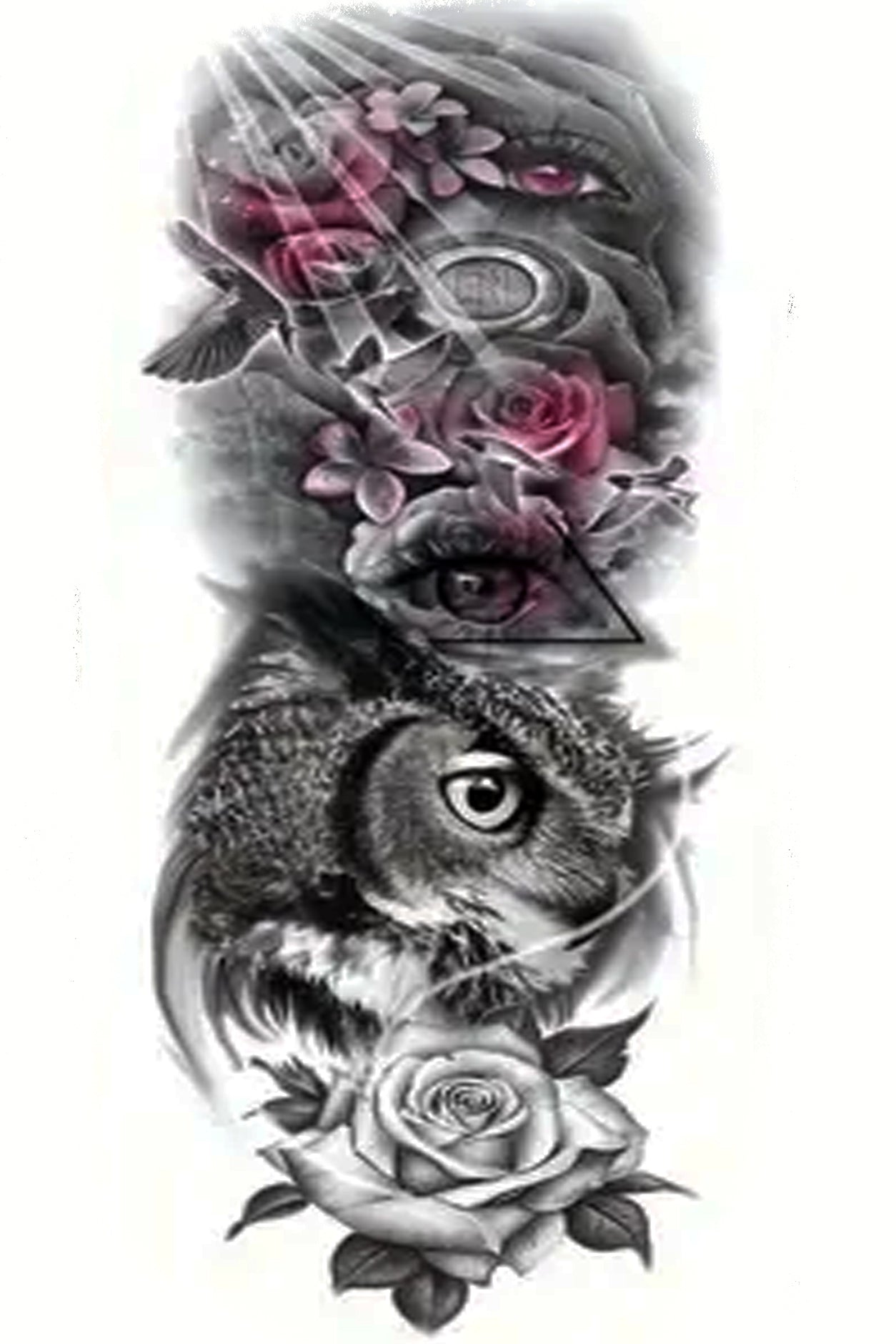 This watchful eye tells a story of life, love, endurance, and how precious time is to it. A bear paw print symbolizes energy, strength, and healing. The full roses represent love and devotion. The abundant swallows have been considered sacred because they were thought to have flown around the cross of Calvary. The horseshoes represent luck and endurance, while the watches are forever ticking away. This full-sleeve Tat starts at the shoulder with a rose and ends at the wrist with a rose.