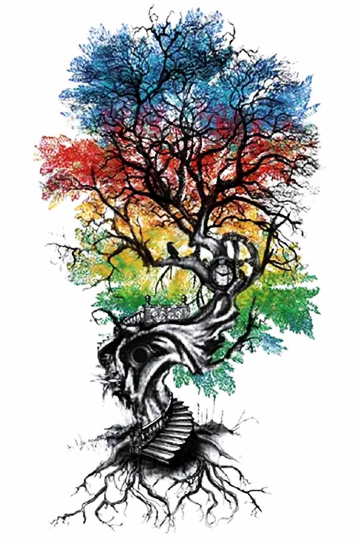 A mystical tree of life has a built-in bridge or stairway to heaven. A crow guards the path that pushes past a clock in the middle of the tree. The leaves are magical in blue, pink, gold, and shades of green. Roots of the tree are proudly displayed.