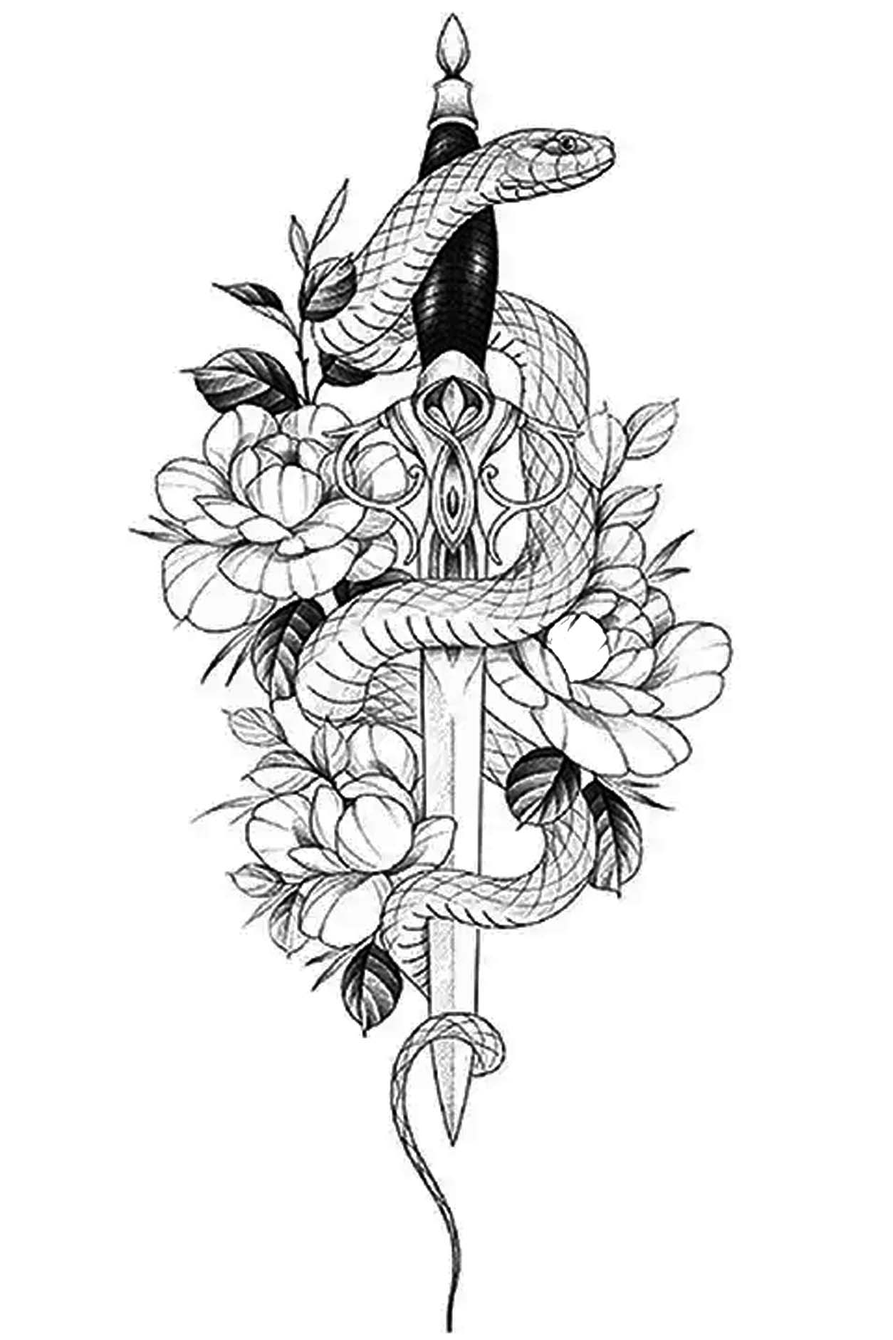 A dagger with a snake curling around it serves many meanings from bible references to Greek mythology. Both of them together represent temptation and the ever-present struggles in life of good and evil. In this traditional ink tattoo a long thin snake is coiling around an ornate dagger. Three full flowers and leaves are added to represent love, passion, and sweet decadence.