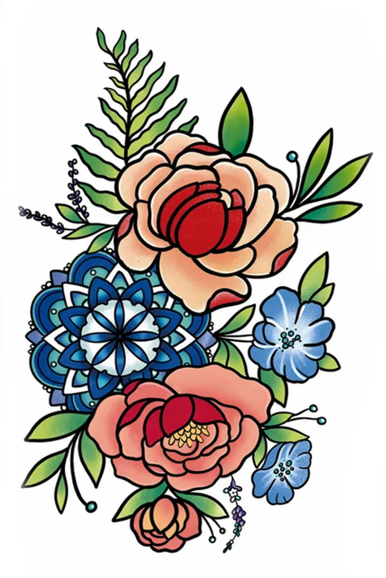 Bright and artistic is this bouquet of six flowers nested in greens and fern leaves. Let this tattoo compliment a matching-colored short set or skirt for a summer event.
