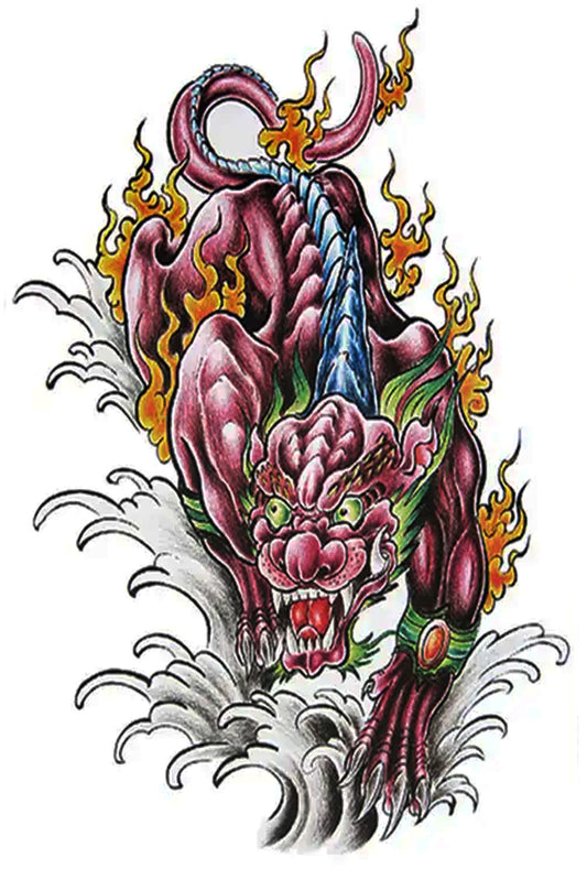 A colorful tattoo of a dragon with a mission. He/she appears to be part of a royal house wearing two jeweled bracelets on his or her legs. This dragon has flames all around it, a sign that he/she has just been in battle.  Splashes of grey waves in the background add to his/her motion. 