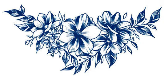 A delicate combination of seven flowers that would look good on any torso. Place this above the swimsuit line, on the upper or lower chest, or lower back for the best effects. The trending blue ink shows well on pale to darker skin colors. The estimated wear time is 7-8 days.