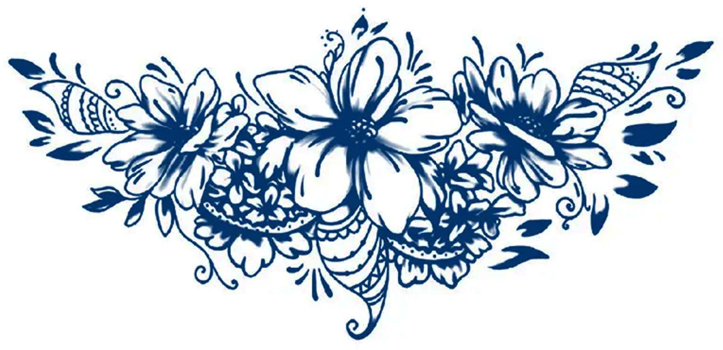 A lacy, delicate combination of three large flowers surrounded by smaller blossoms and edged in a bohemian lace. Place this near the swimsuit line, upper or lower chest, or lower back for the best effects. The trending blue ink shows well on pale to darker skin colors. The estimated wear time is 7-8 days.