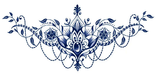 An intricate combination of jewels, vines, beads, flowers, and filigree that would look good on any torso. Place this near the swimsuit line, upper or lower chest, or lower back for the best effects. The trending blue ink shows well on pale to darker skin colors. This delicate design has an estimated wear time is 6-7 days.