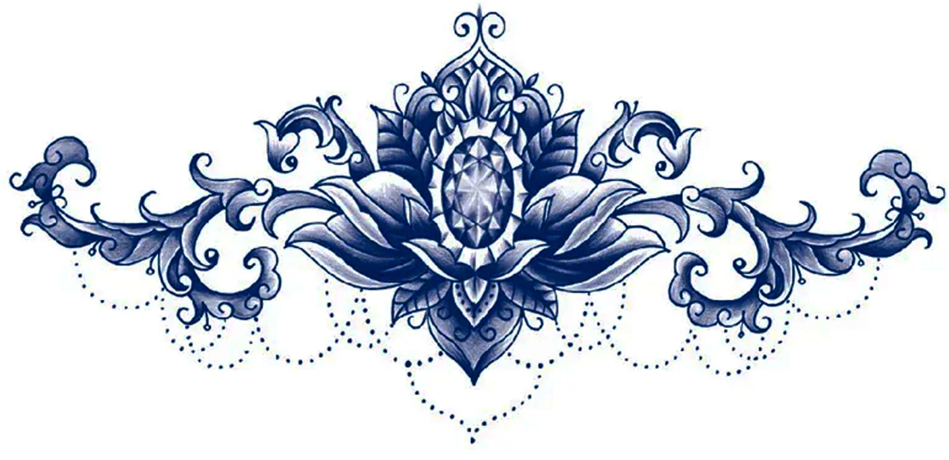 An intricate combination of jewels, fleur, petals beads, and filigree that would look good on any torso. Place this near the swimsuit line, upper or lower chest, or lower back for the best effects. The trending blue ink shows well on pale to darker skin colors. This delicate design has an estimated wear time is 7-9 days.