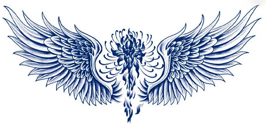 A graceful pair of wings is inset with a spider lily, the artwork is in blue trending blue ink. Wings symbolize freedom and spirituality, while the lily symbolizes defiance and love. Place this tag above the swimsuit line, on the upper or lower chest, or lower back for the best effects. The trending blue ink shows well on pale to darker skin colors. The estimated wear time is 7-8 days.