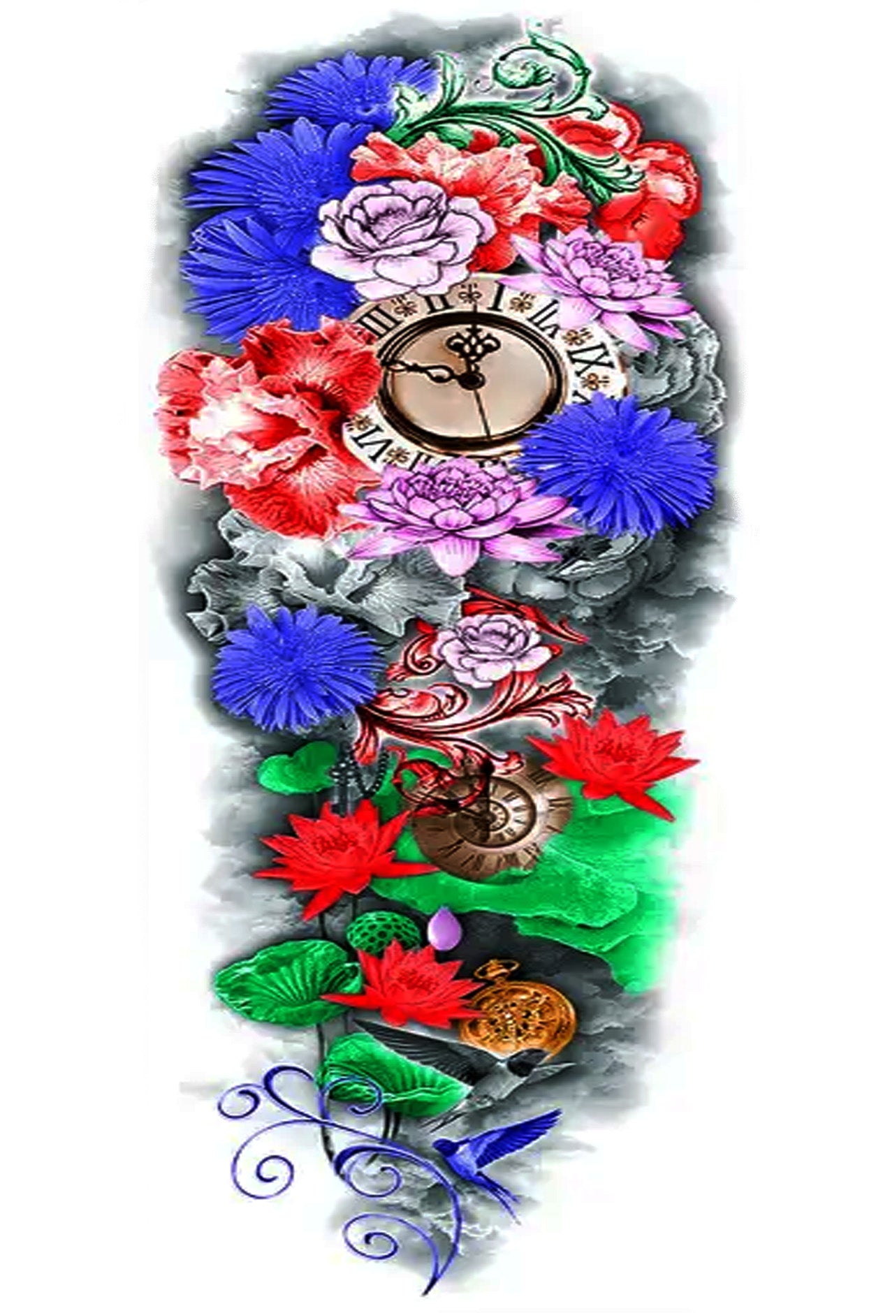 An arm’s worth of flowers mixed with time clocks, purple asters, deep pink irises, pink carnations, and red lotus. They are intertwined with a variety of swirls, scrolls, filigree, green leaves, and blue swallow birds.  Creatively wear this artwork on any part of your body, arm, leg, torso, or shoulder.