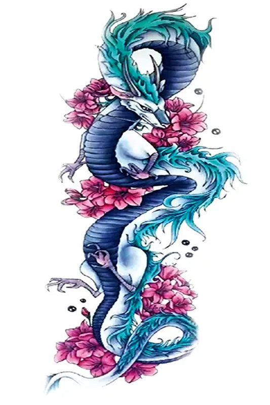 This azure blue dragon has a protective but happy look about him. His body is fully displayed from the pointed tail to his long whiskers. Soft teal feathered dragon back and almost two dozen pink blossoms complete the asymmetrical artwork.  Creatively wear this artwork on any part of your body, arm, leg, torso, or shoulder.