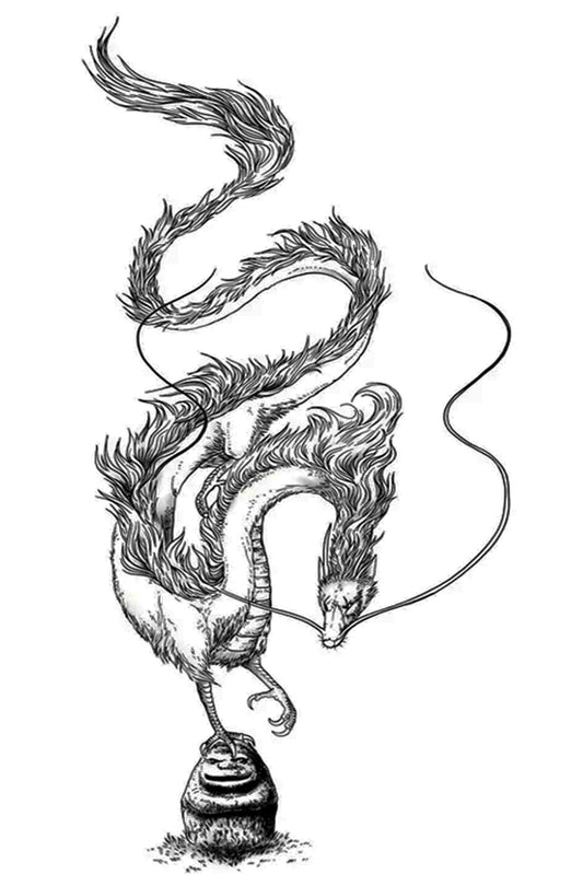 A dragon rests on a smiling petroglyph awaiting his next flight. His stance is asymmetrical. He is wearing a mane of soft long hair, which is in contrast to his fierce expression. Wear this fun tat on your arm, leg, chest, or back.