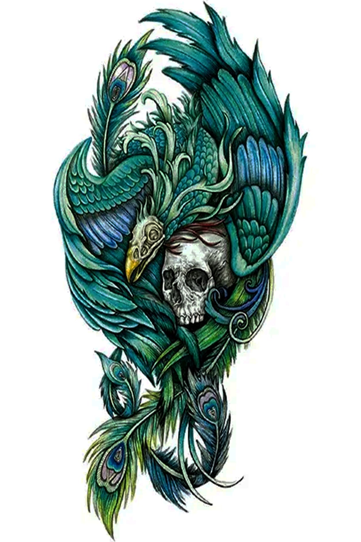 A teal winged dragon protects his treasurers of a skull and peacock feathers. This is a beautiful arrangement of teals and blues in a nestled dragon half arm tattoo.  Creatively wear this artwork on any part of your body, arm, leg, torso, or shoulder.