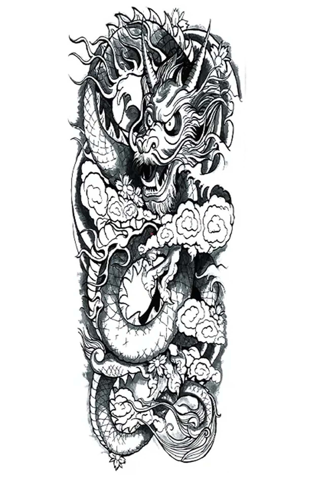 The head of the dragon is wrapped around the arm. The head is near the shoulder, with the tail curling around at the wrist. The head of the dragon is angry, fierce, and ready to fight. The dragon symbolizes power, change, and spirituality, and it also symbolizes good luck, fortune, and prosperity. In some cultures, the dragon is a protector and is often associated with royalty. Wear this traditional artwork on an arm, leg, or back.